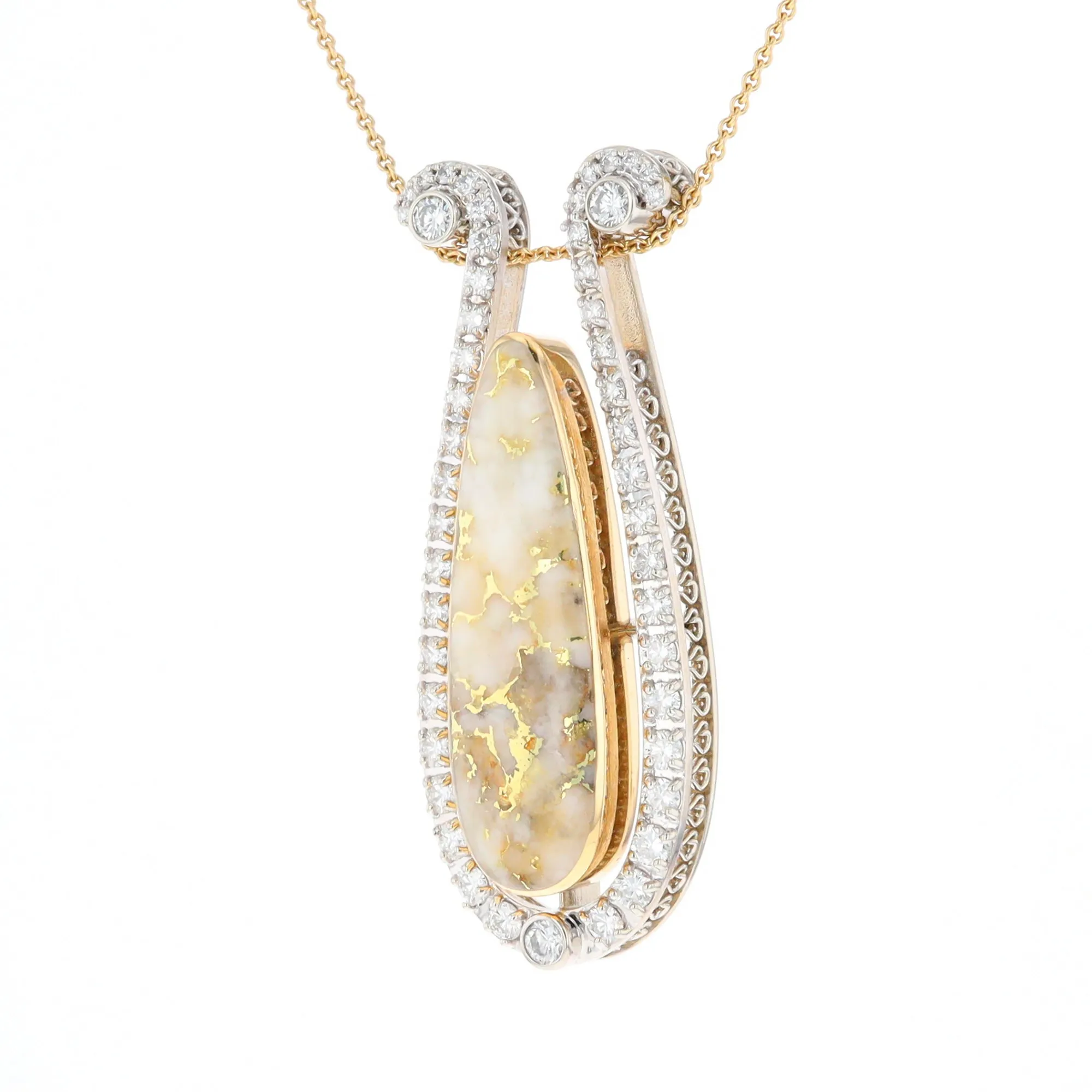 Gold Quartz Necklace Tear Drop Inlaid 4.78ctw Diamond Halo Pendant