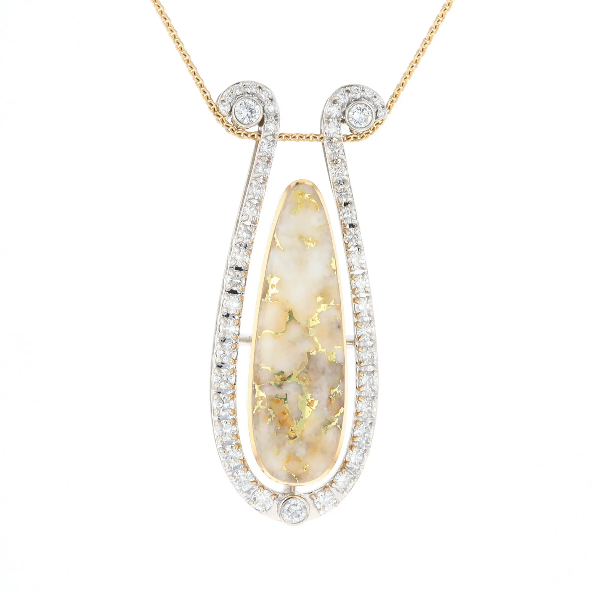 Gold Quartz Necklace Tear Drop Inlaid 4.78ctw Diamond Halo Pendant