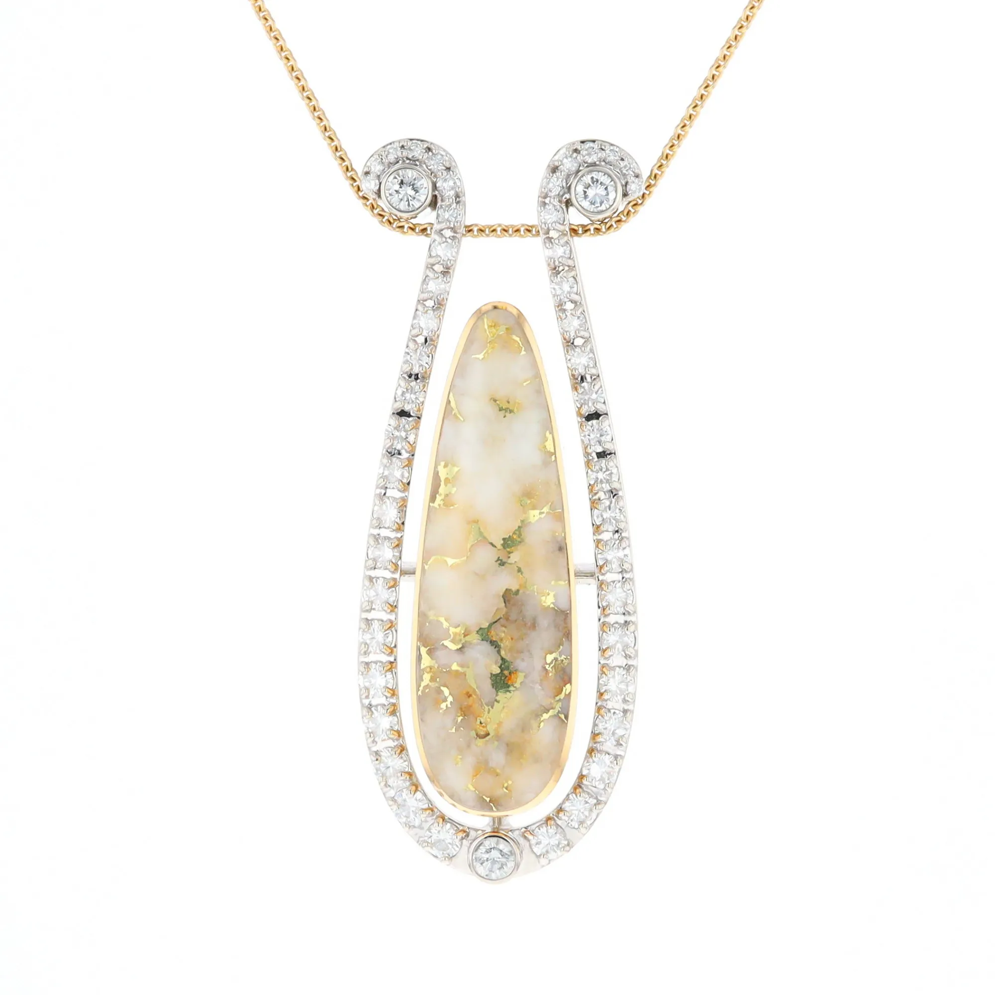 Gold Quartz Necklace Tear Drop Inlaid 4.78ctw Diamond Halo Pendant