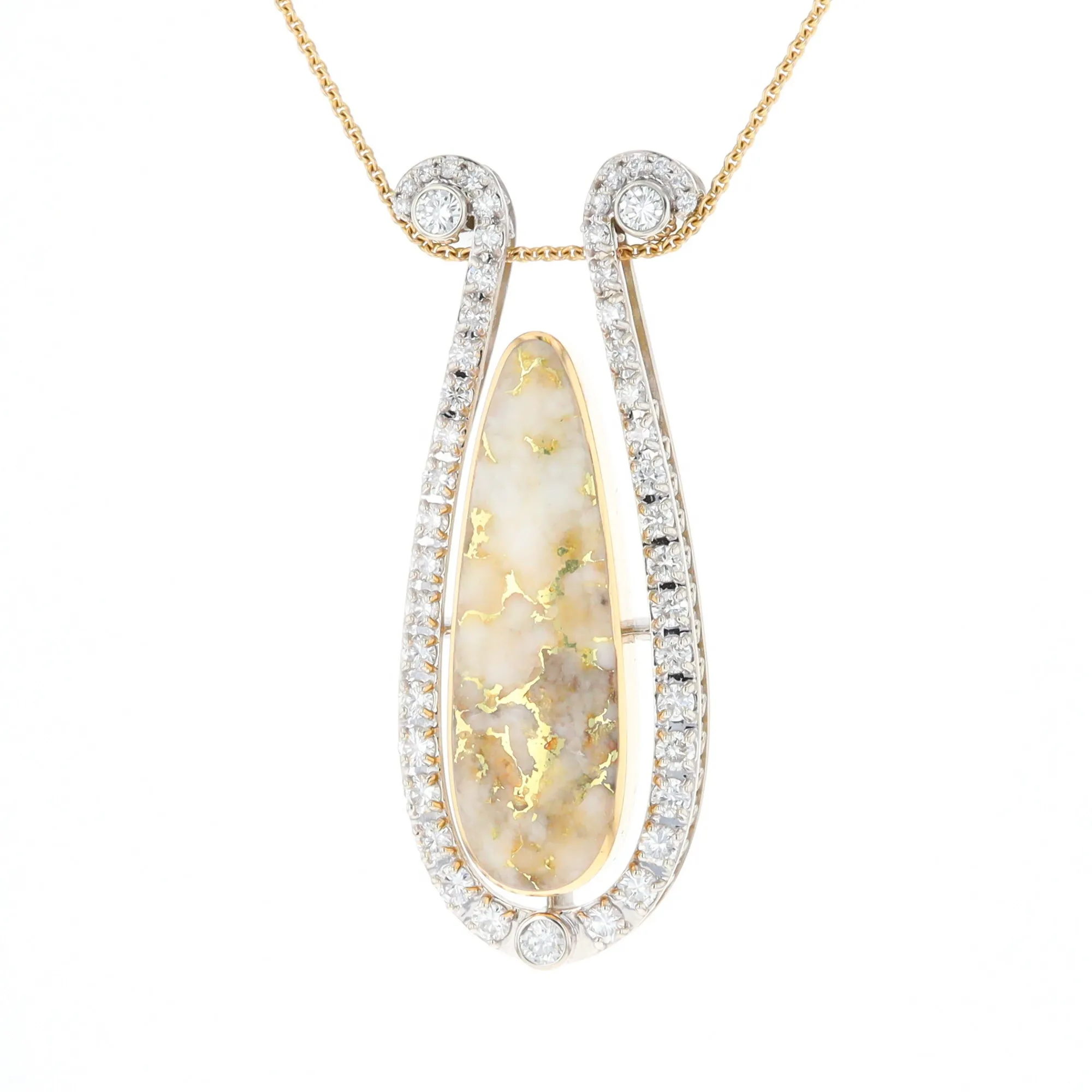 Gold Quartz Necklace Tear Drop Inlaid 4.78ctw Diamond Halo Pendant