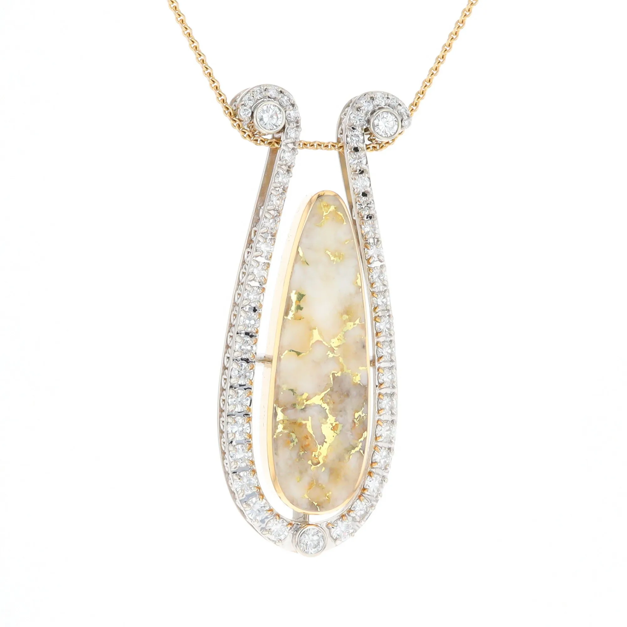 Gold Quartz Necklace Tear Drop Inlaid 4.78ctw Diamond Halo Pendant