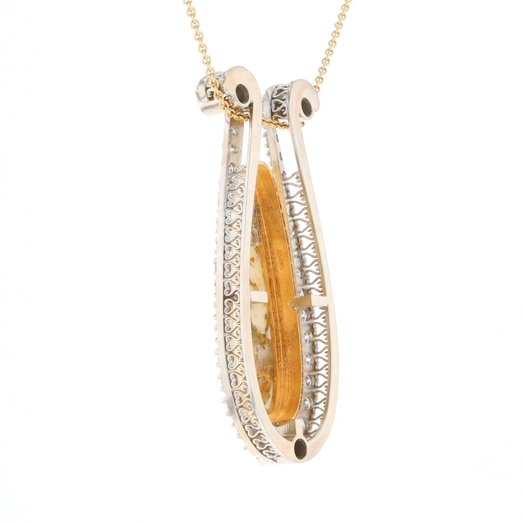 Gold Quartz Necklace Tear Drop Inlaid 4.78ctw Diamond Halo Pendant