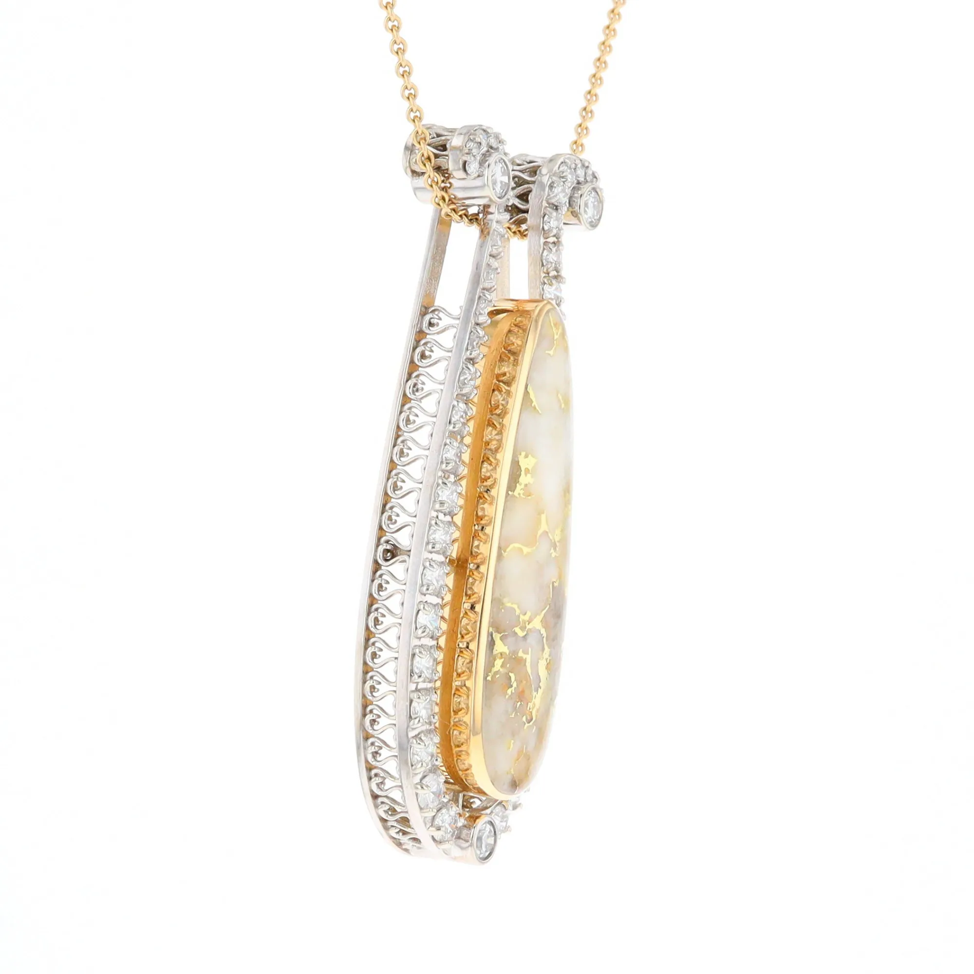 Gold Quartz Necklace Tear Drop Inlaid 4.78ctw Diamond Halo Pendant