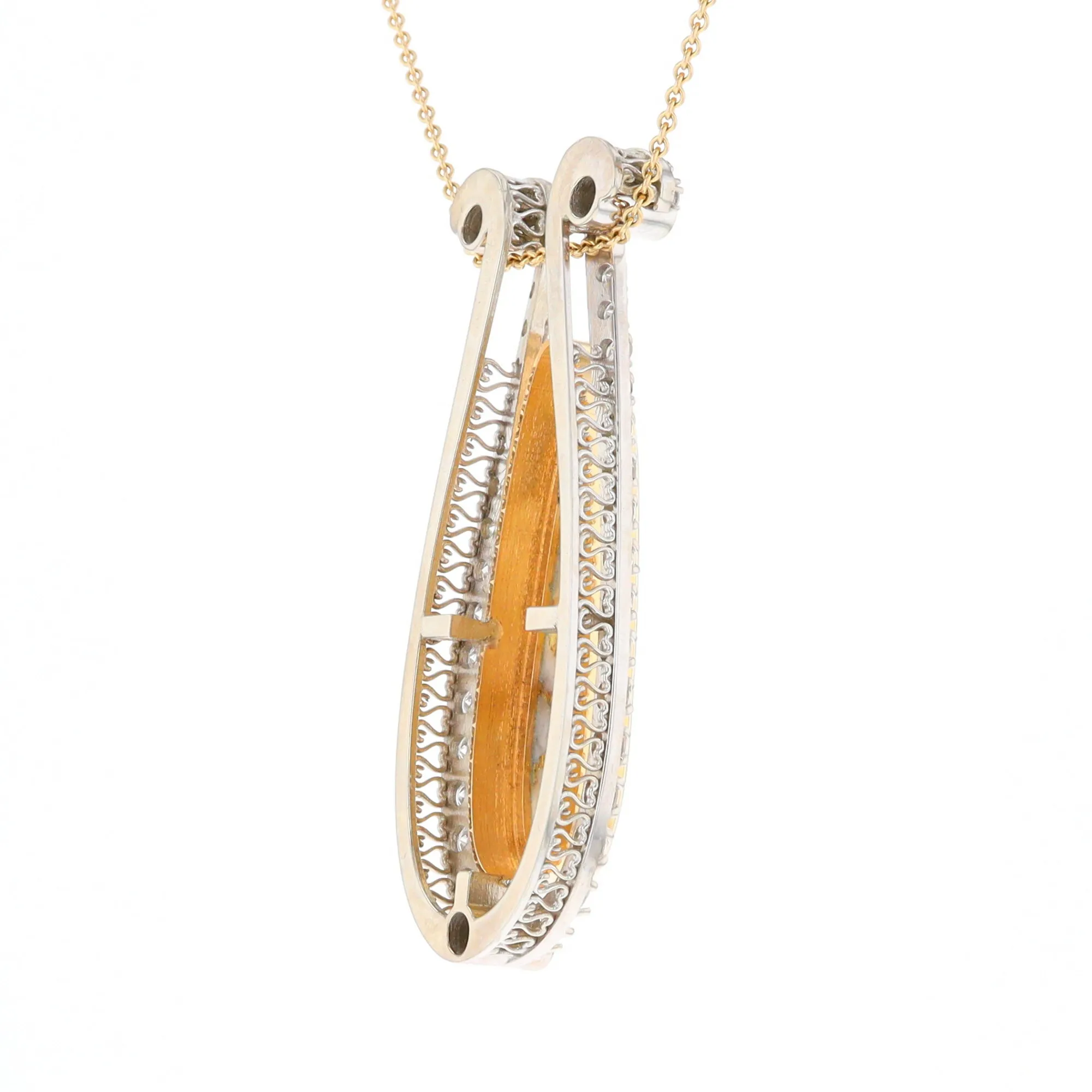 Gold Quartz Necklace Tear Drop Inlaid 4.78ctw Diamond Halo Pendant