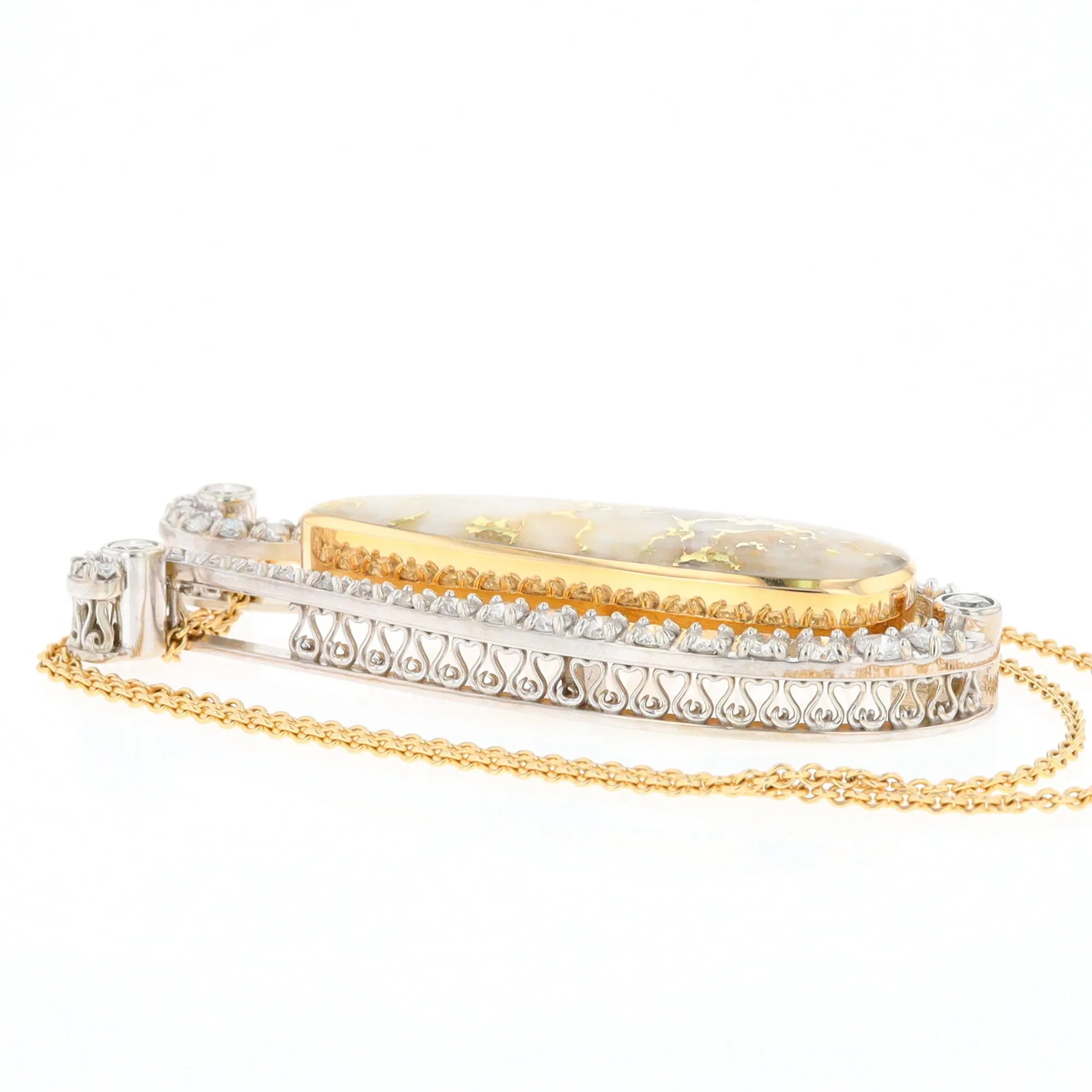 Gold Quartz Necklace Tear Drop Inlaid 4.78ctw Diamond Halo Pendant