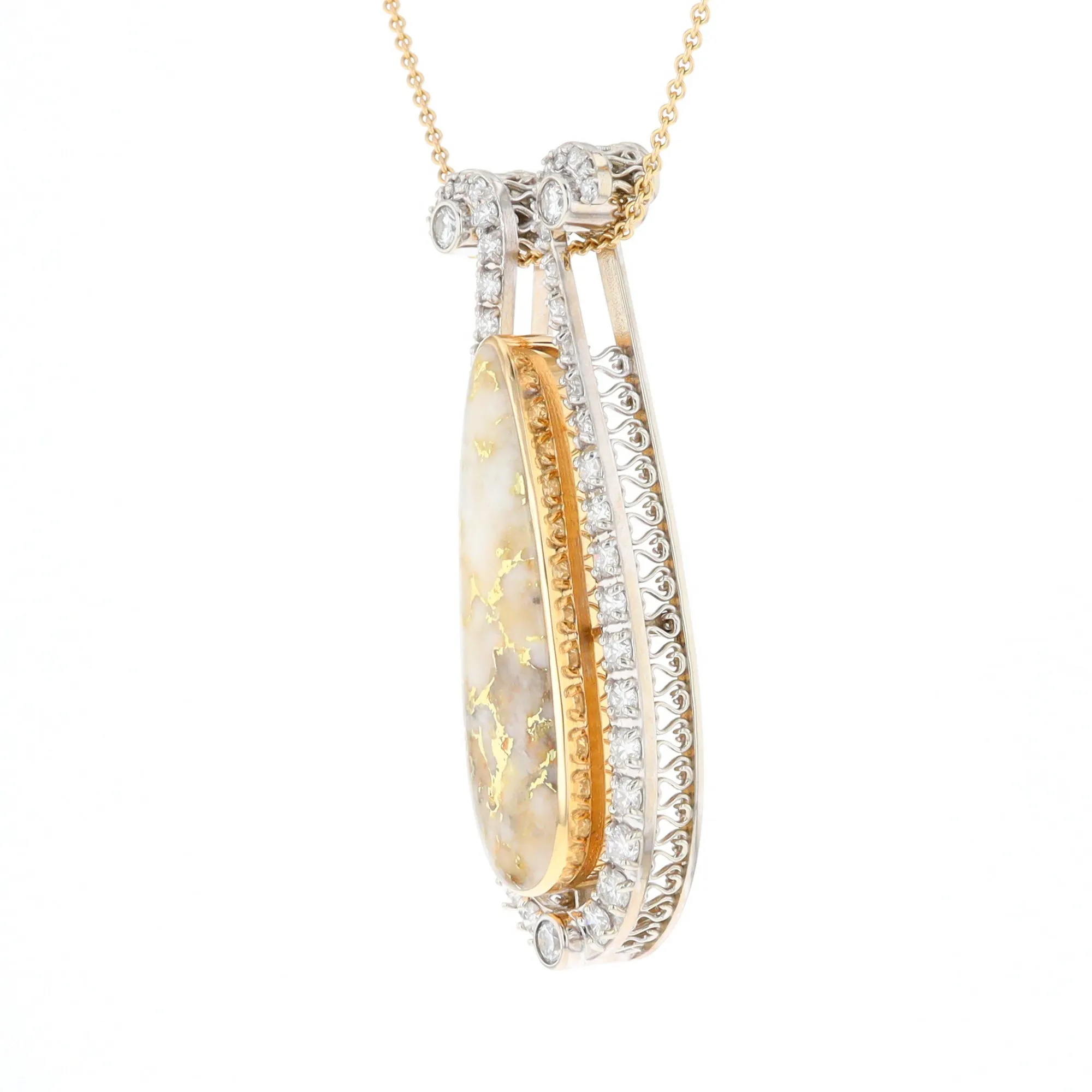Gold Quartz Necklace Tear Drop Inlaid 4.78ctw Diamond Halo Pendant