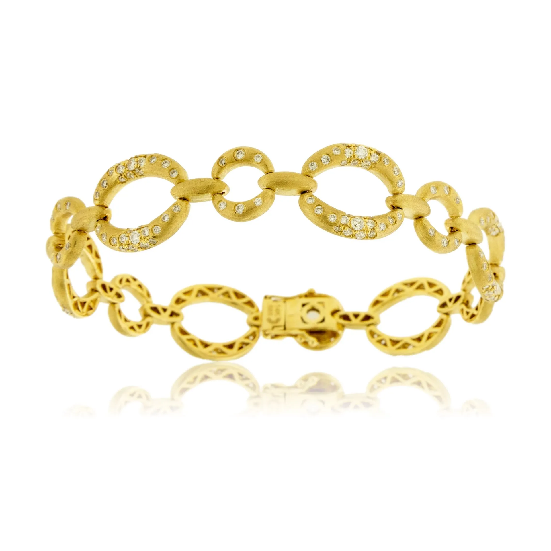 Gold Satin Finish Flush Set Diamond Oval Link Bracelet