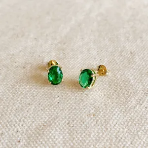 GoldFi - 18k Gold Filled Oval Emerald Cubic Zirconia Stud Earrings