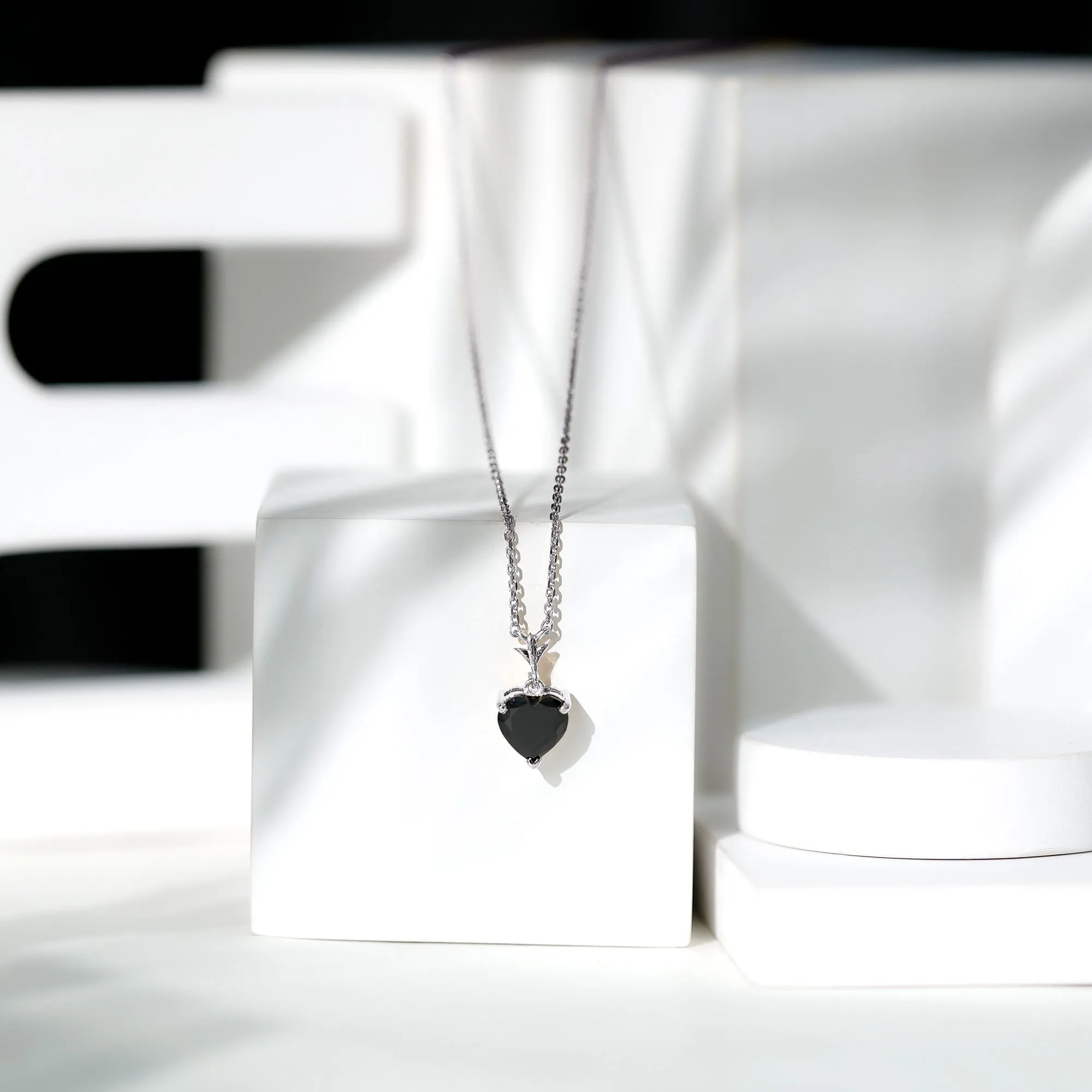 Heart Shape Created Black Diamond Solitaire Necklace in Gold