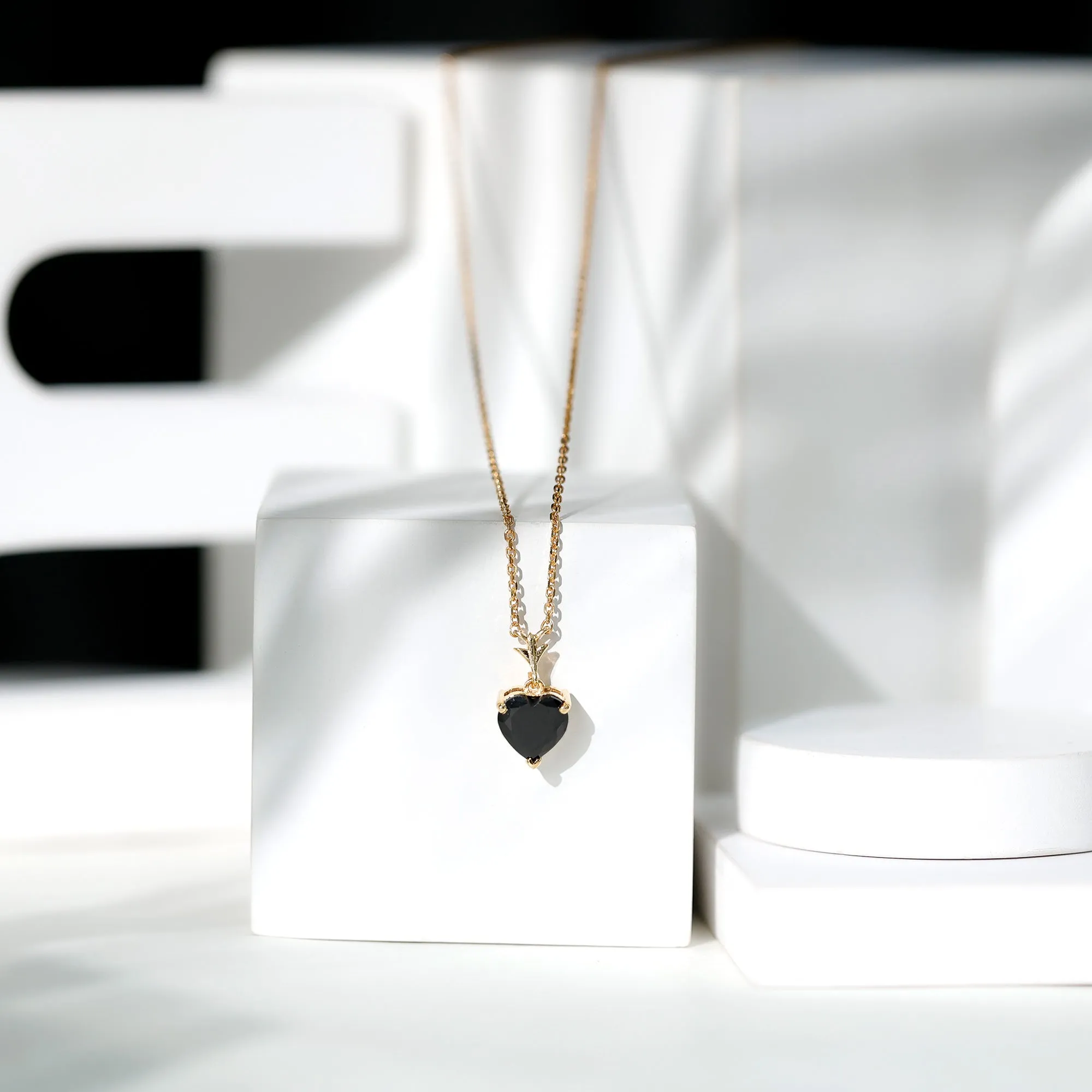 Heart Shape Created Black Diamond Solitaire Necklace in Gold