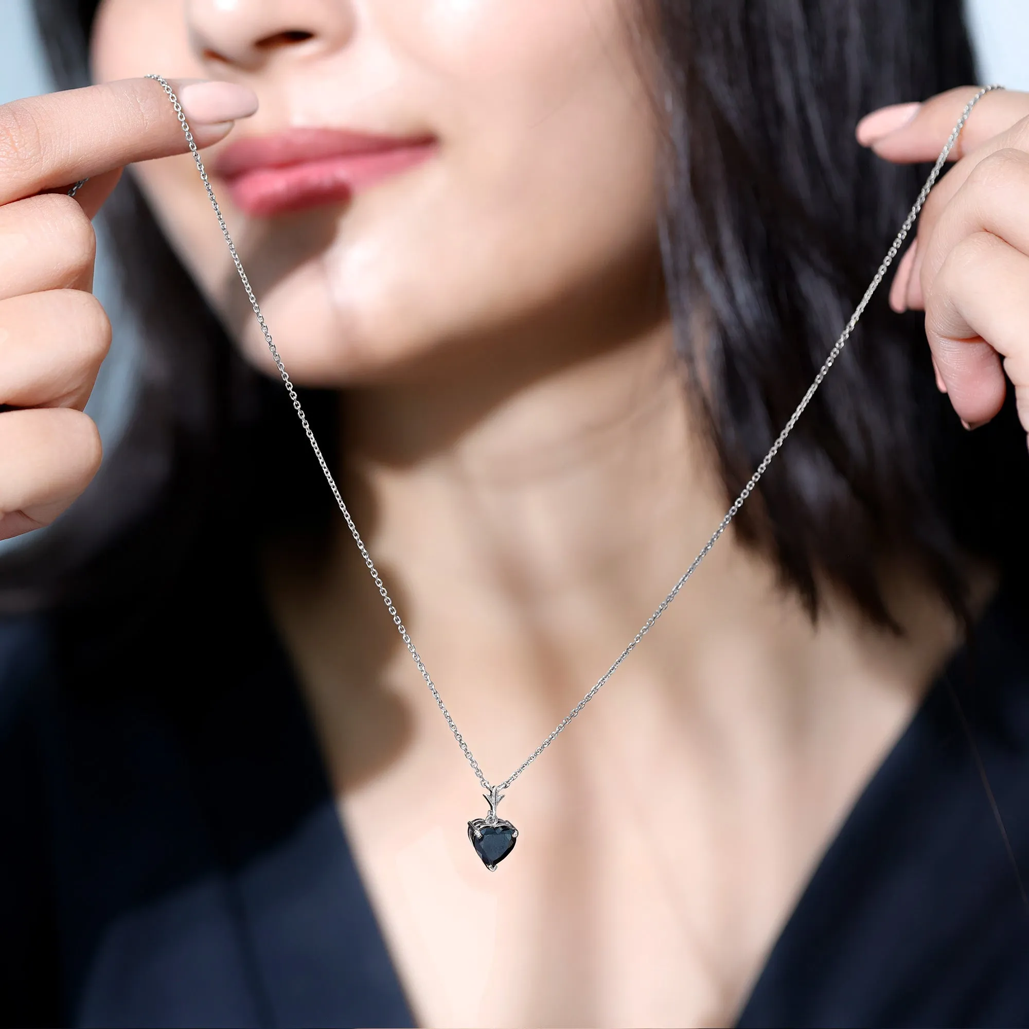 Heart Shape Created Black Diamond Solitaire Necklace in Gold