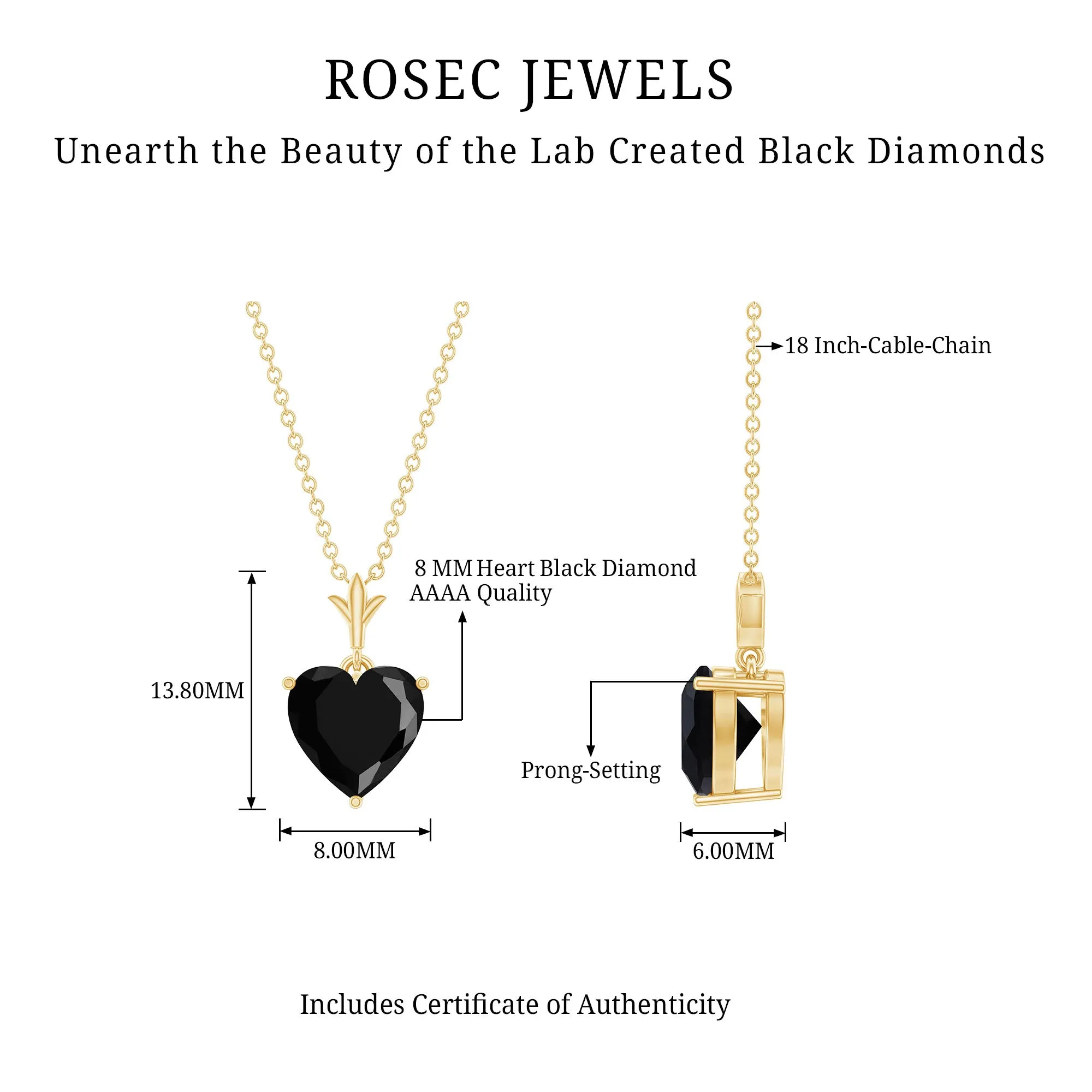 Heart Shape Created Black Diamond Solitaire Necklace in Gold