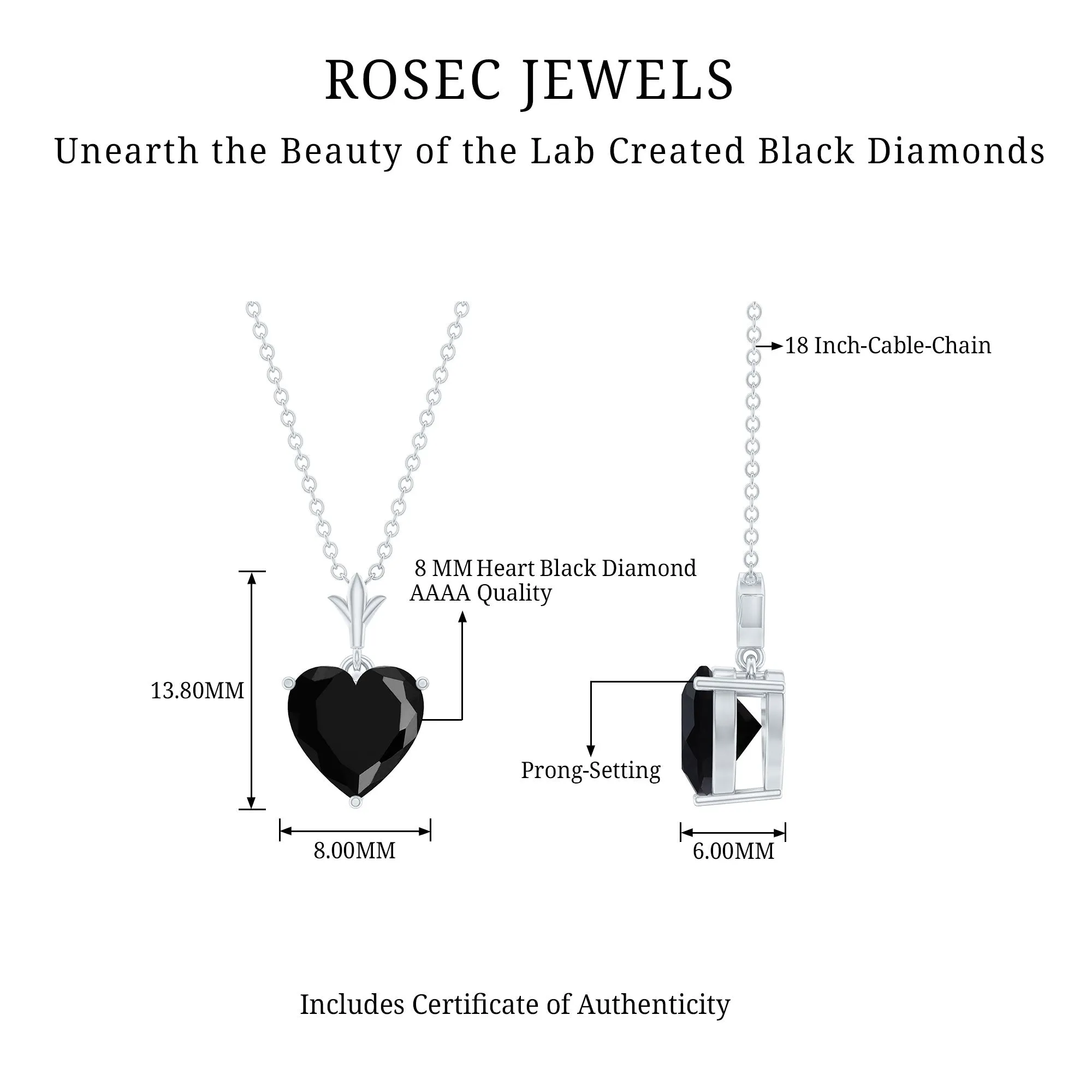 Heart Shape Created Black Diamond Solitaire Necklace in Gold