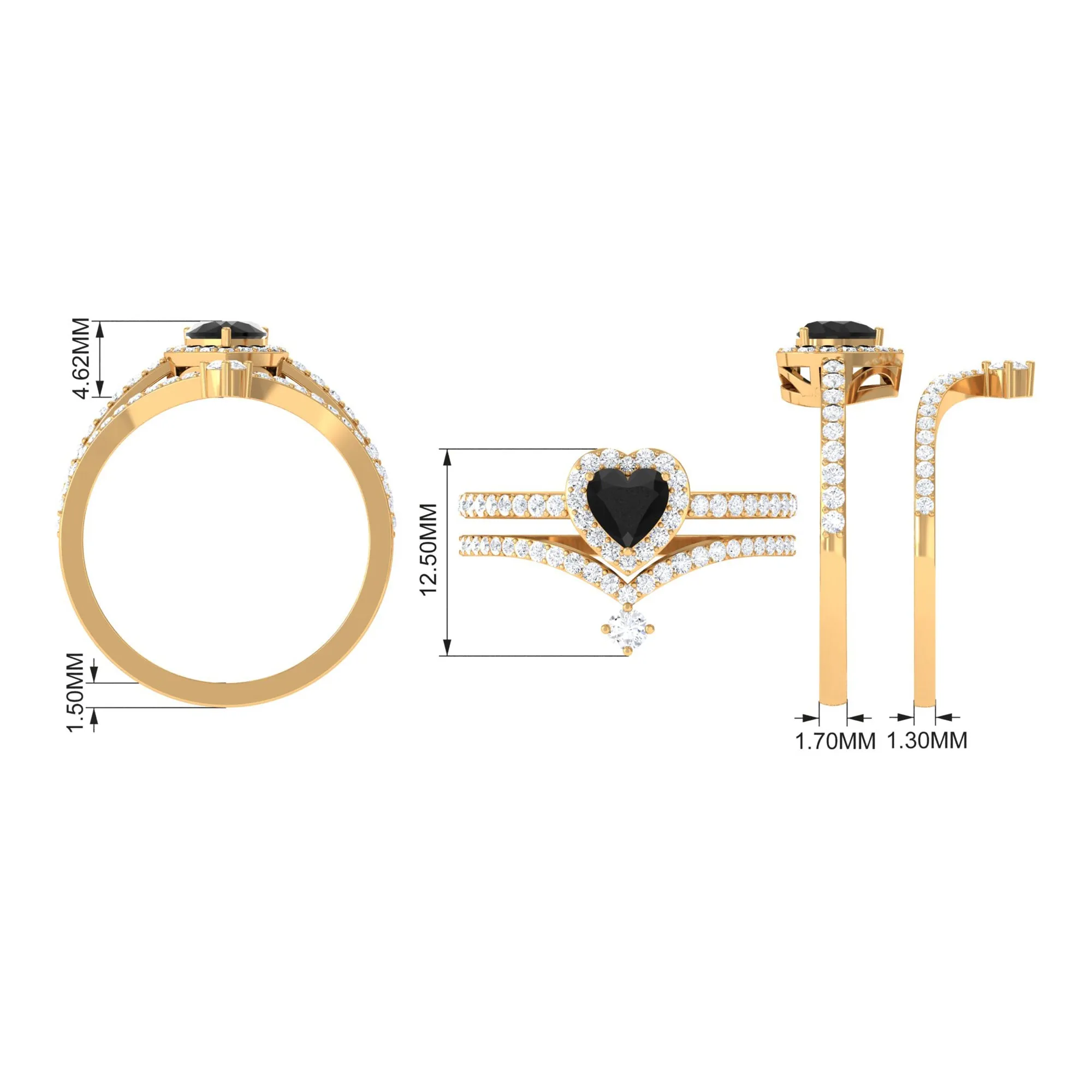Heart Shape Natural Black Onyx Ring Set with Diamond