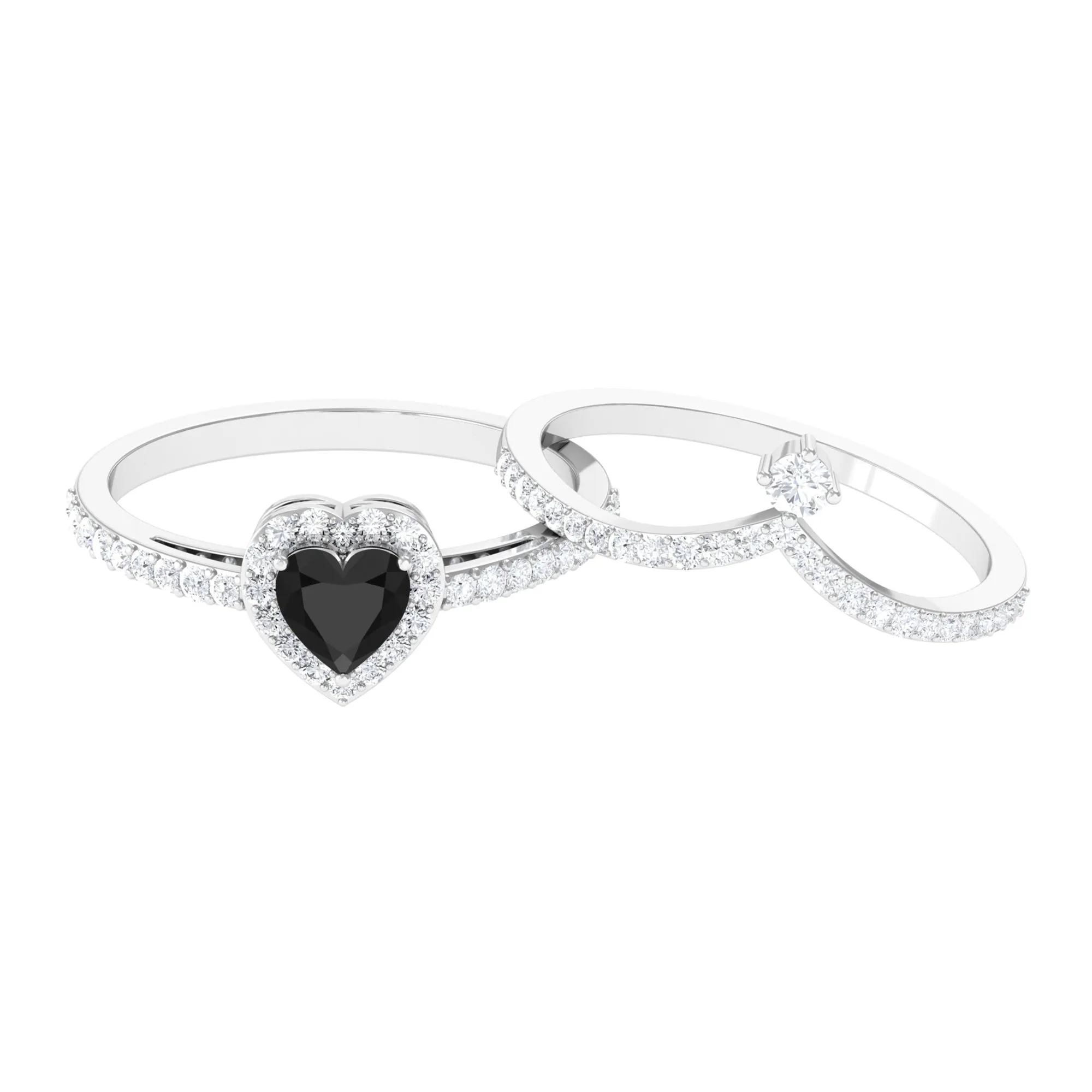 Heart Shape Natural Black Onyx Ring Set with Diamond