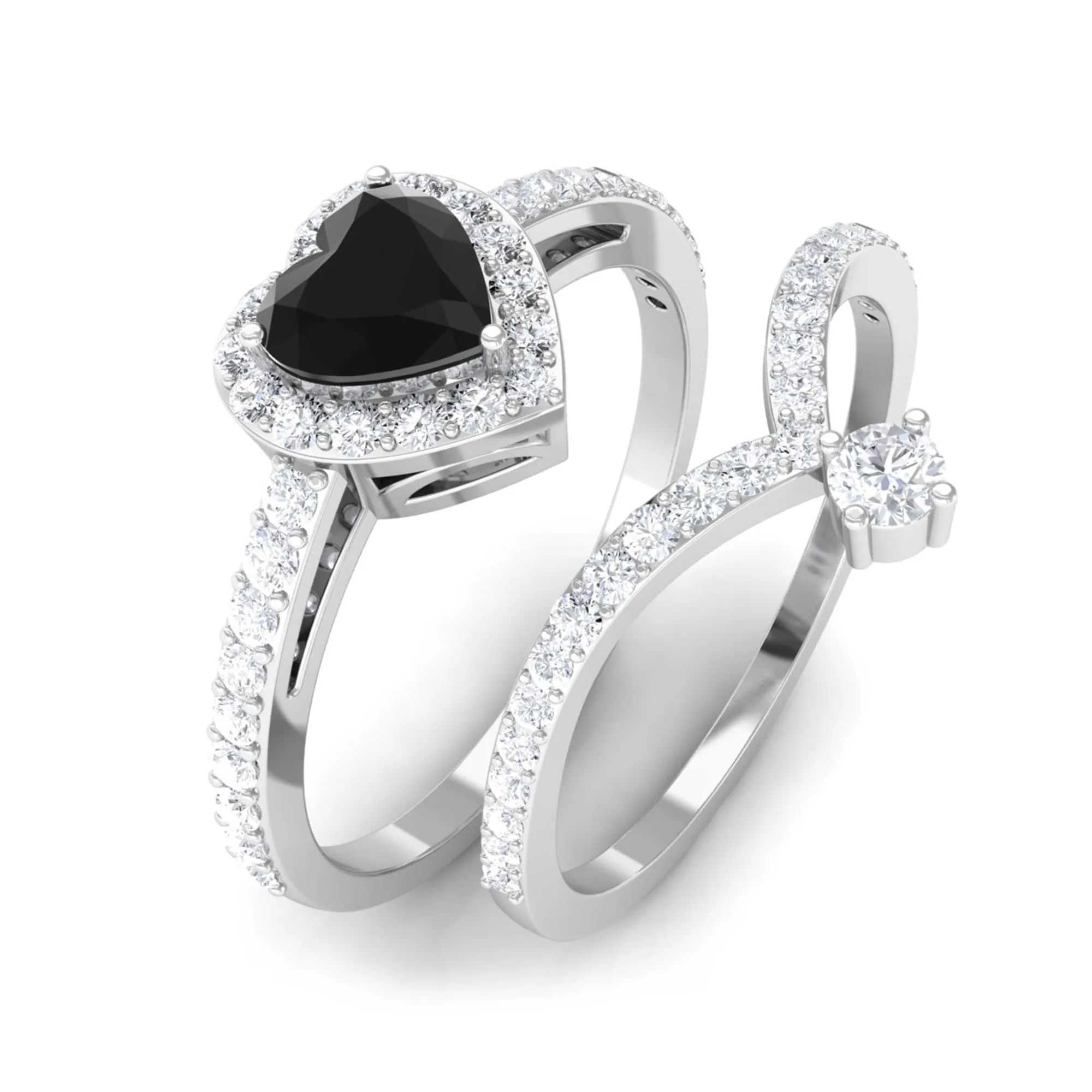 Heart Shape Natural Black Onyx Ring Set with Diamond