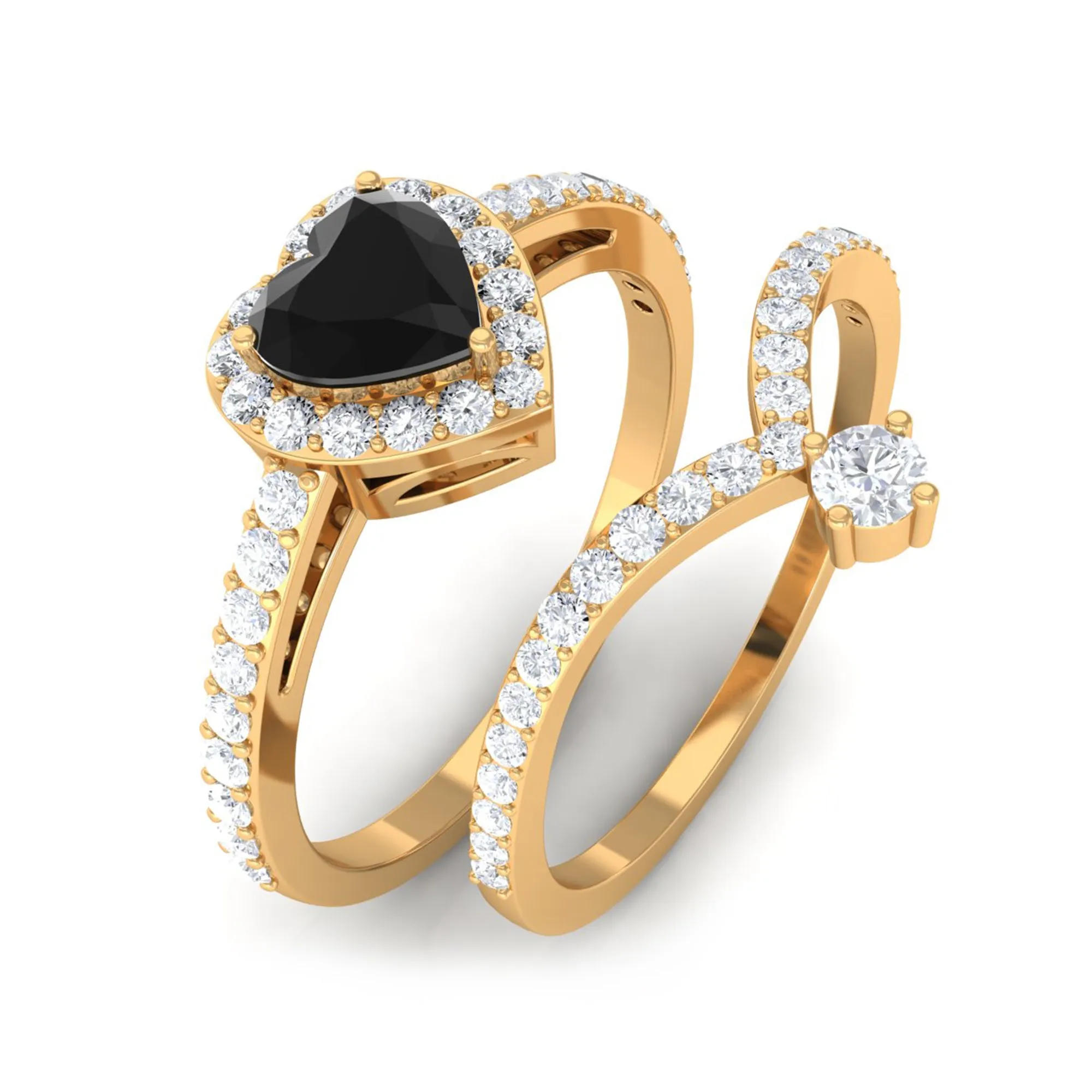 Heart Shape Natural Black Onyx Ring Set with Diamond