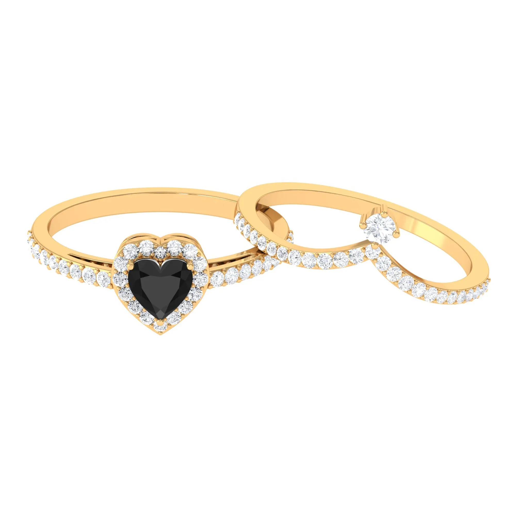 Heart Shape Natural Black Onyx Ring Set with Diamond