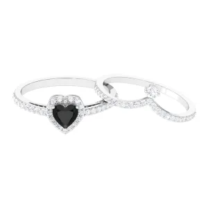 Heart Shape Natural Black Onyx Ring Set with Diamond