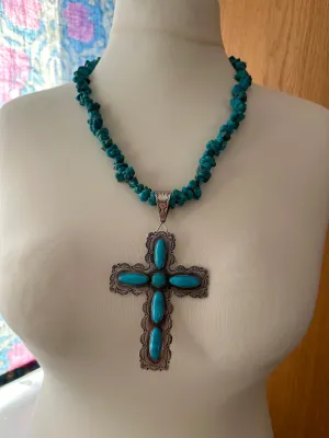 KC Cook Navajo Silver & Turquoise Huge Cross Necklace