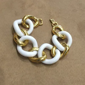Kenneth Jay Lane Vintage Gold Plated White Acrylic Chain Bracelet Signed
