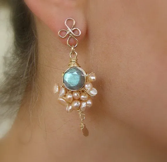 Labradorite and Natural Pearl Camelot Earrings