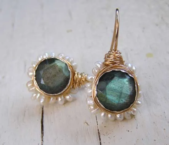 Labradorite  Pearl Flower Earrings in Gold Filled