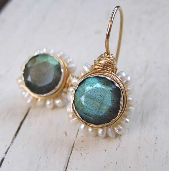 Labradorite  Pearl Flower Earrings in Gold Filled