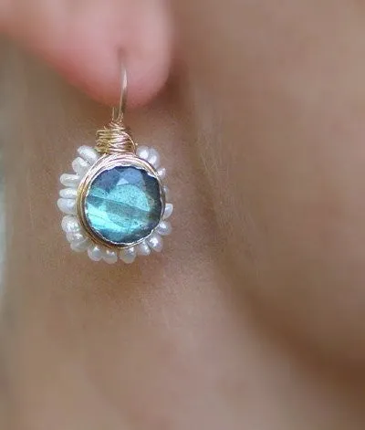 Labradorite  Pearl Flower Earrings in Gold Filled
