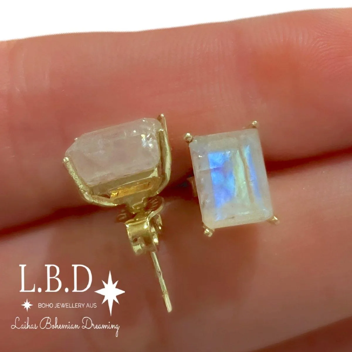 Laihas Miraculous Emerald Cut Moonstone Gold Stud Earrings