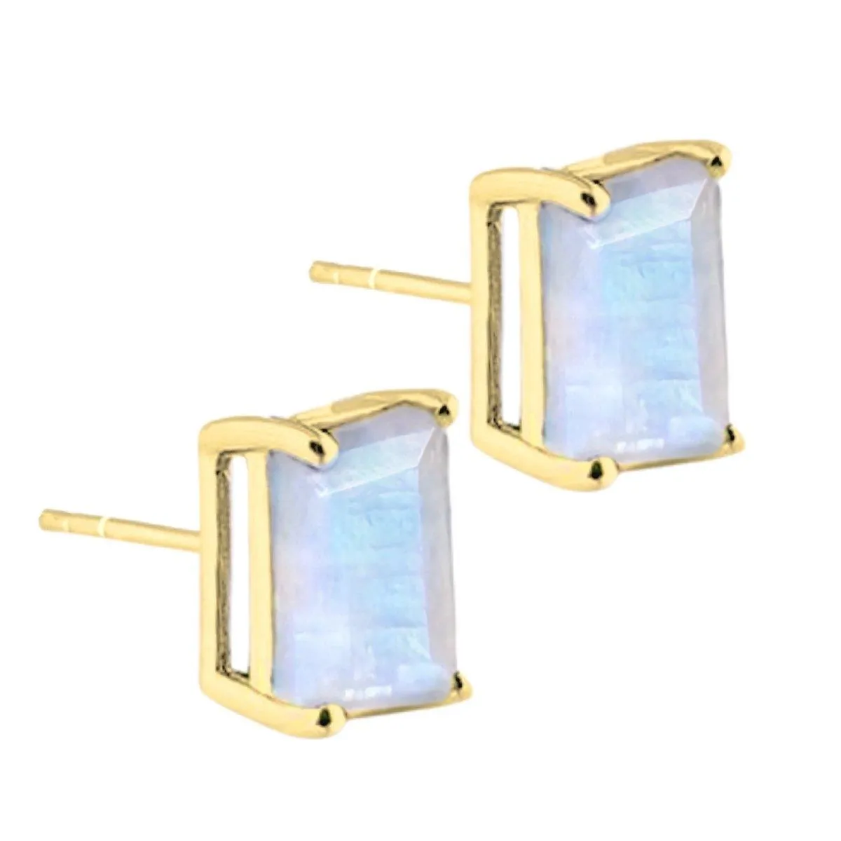 Laihas Miraculous Emerald Cut Moonstone Gold Stud Earrings