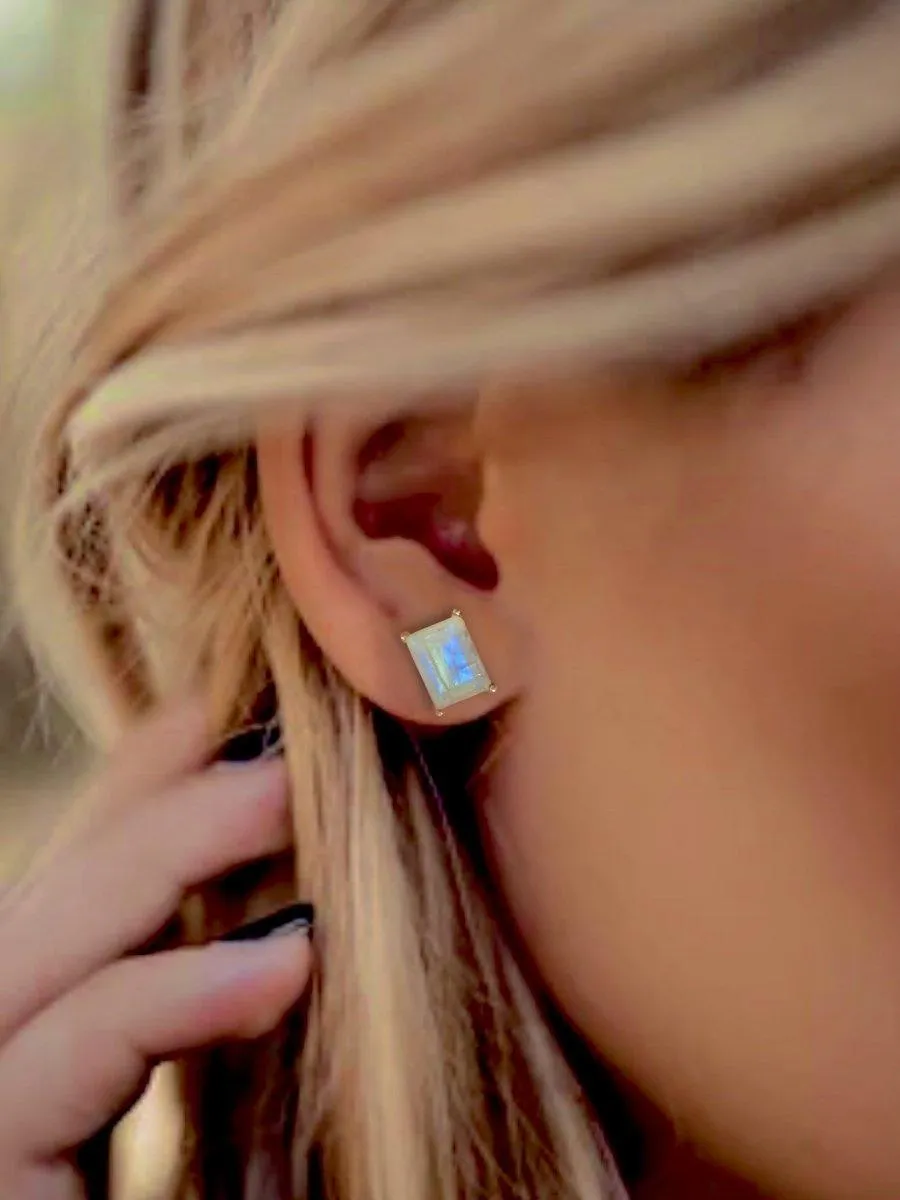 Laihas Miraculous Emerald Cut Moonstone Gold Stud Earrings