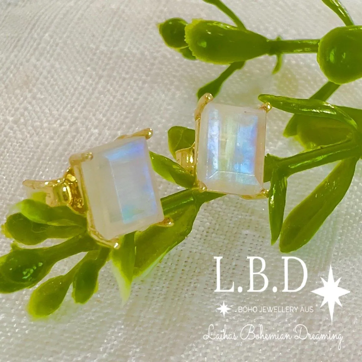 Laihas Miraculous Emerald Cut Moonstone Gold Stud Earrings