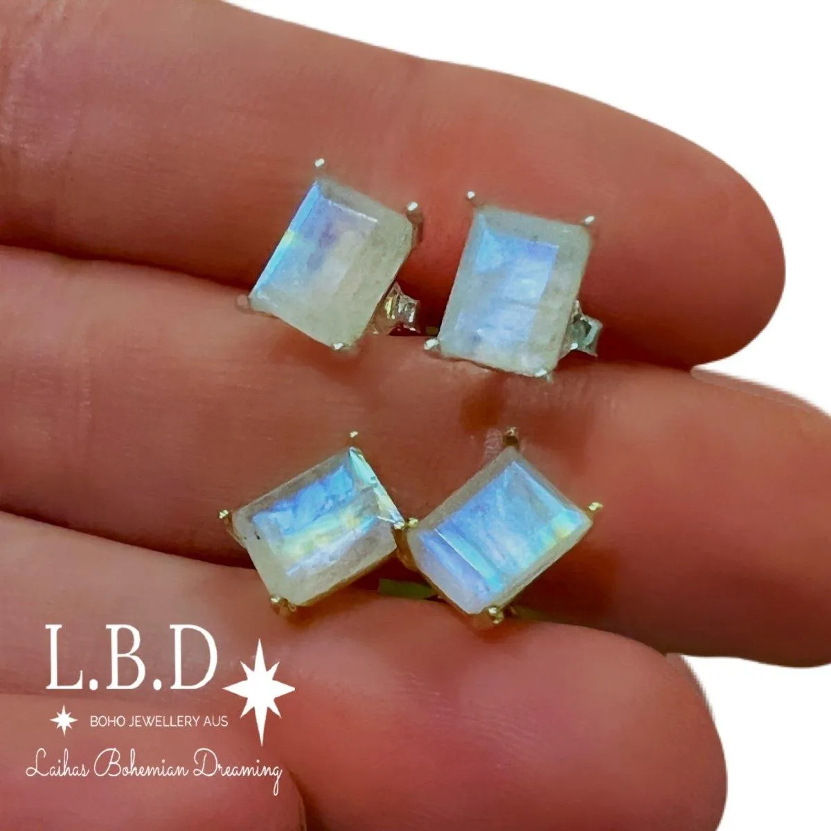 Laihas Miraculous Emerald Cut Moonstone Gold Stud Earrings