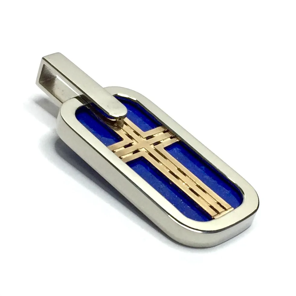 Lapis Inlaid Dog Tag Cross Pendant