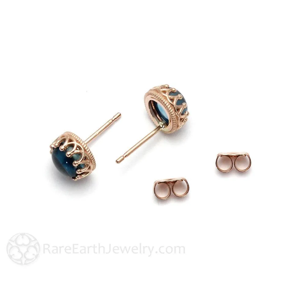 London Blue Topaz Earrings 14K Gold Crown Studs December Birthstone
