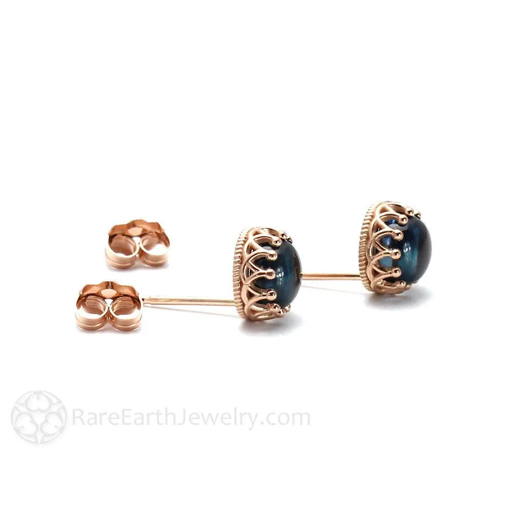 London Blue Topaz Earrings 14K Gold Crown Studs December Birthstone