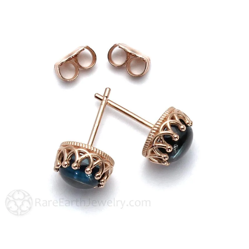 London Blue Topaz Earrings 14K Gold Crown Studs December Birthstone