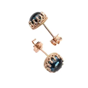 London Blue Topaz Earrings 14K Gold Crown Studs December Birthstone