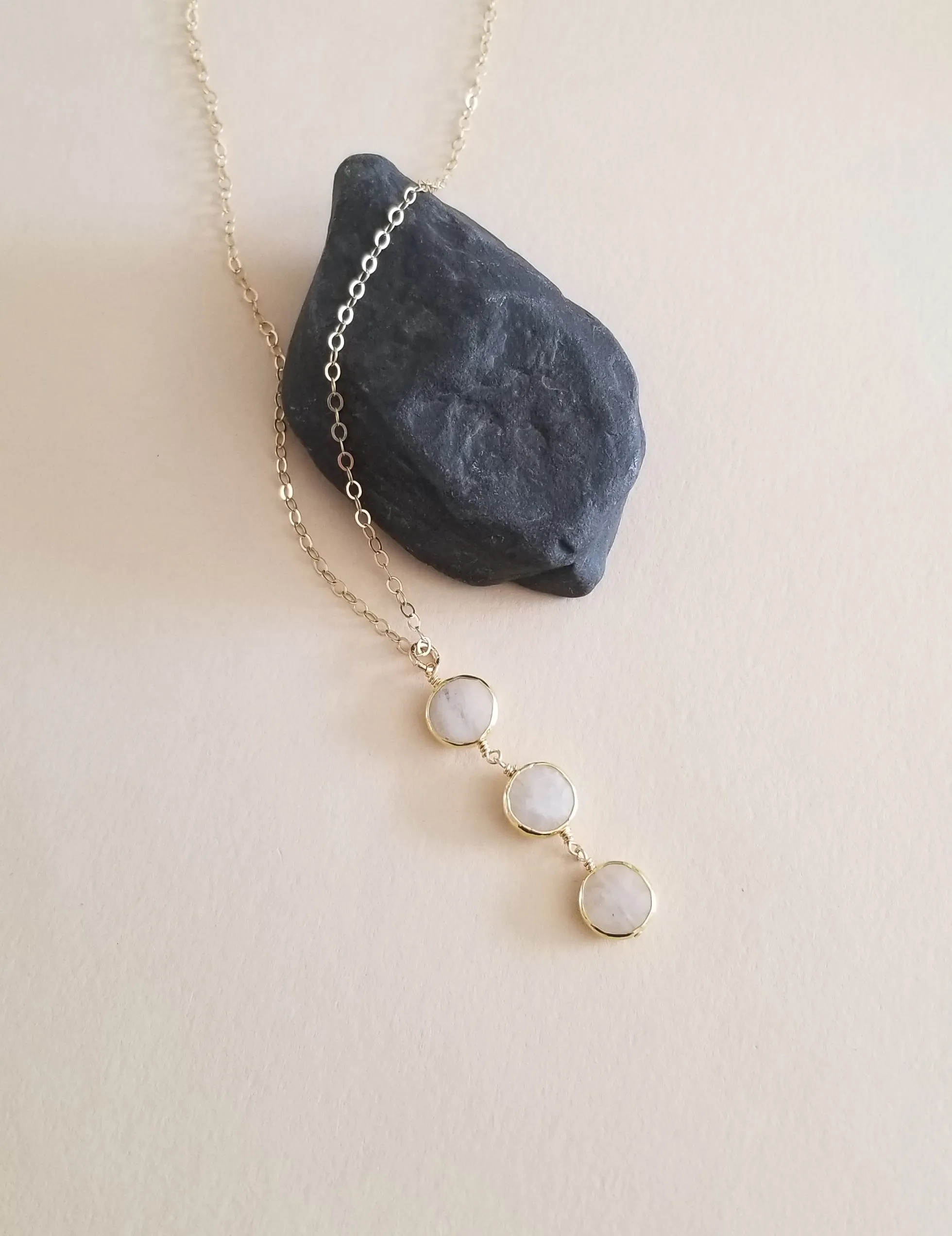 Long Moonstone Pendant Necklace, Gemstone Y Necklace
