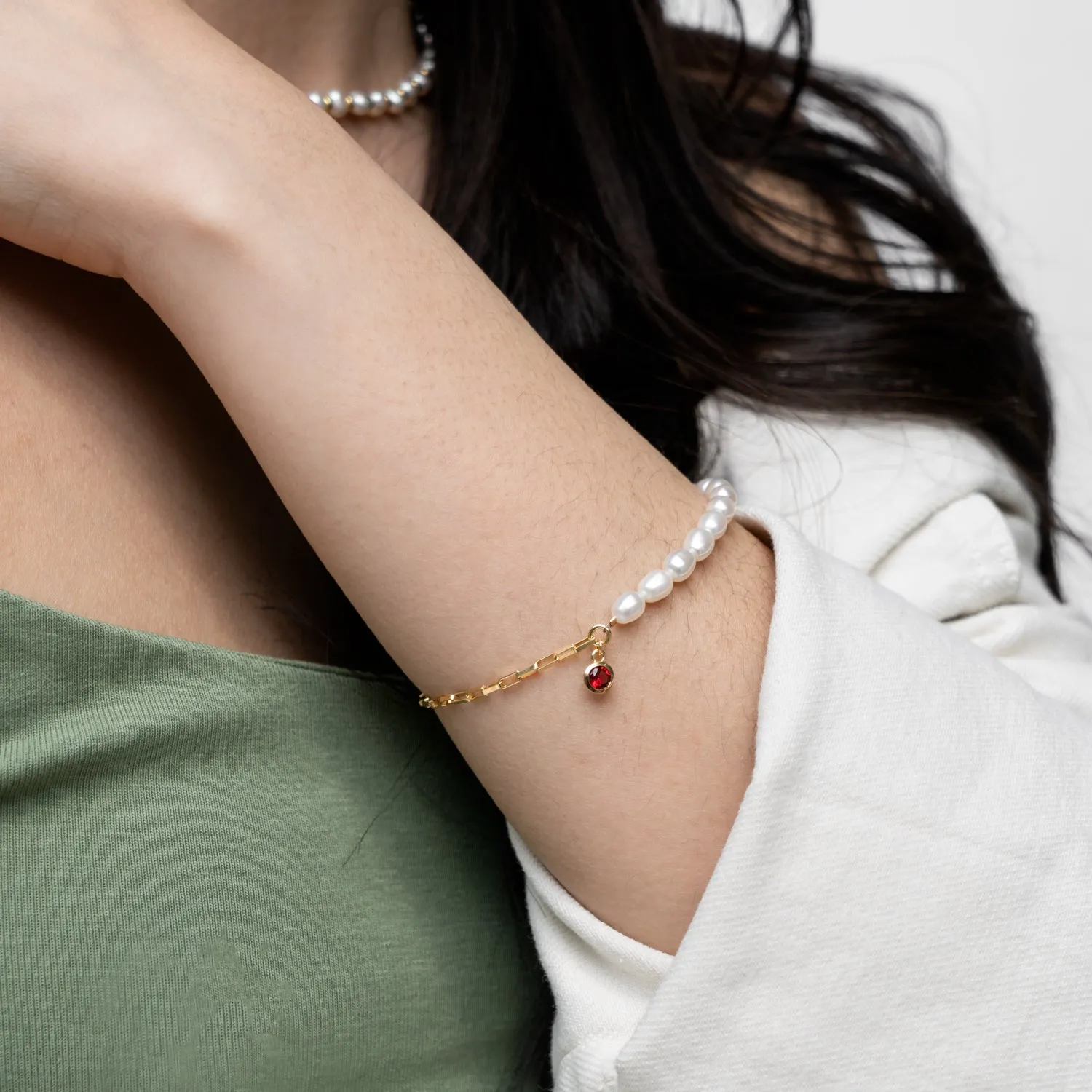 Luna White Pearl, Chain and Garnet Drop Bracelet