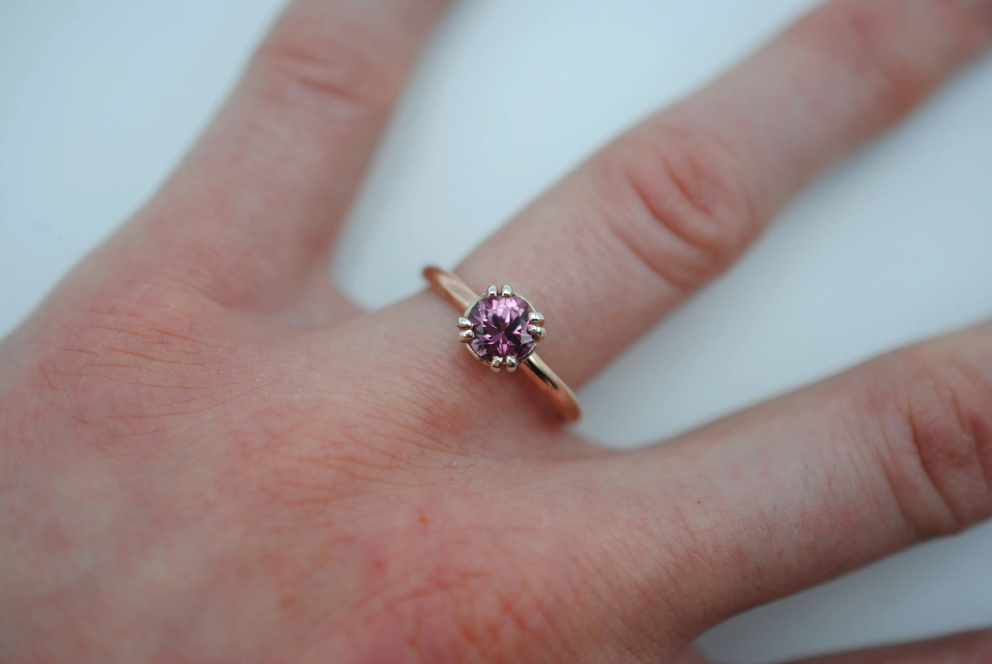 Malaia Garnet: Round Cut, Rose Gold Fill Band, Silver Double Prong Setting