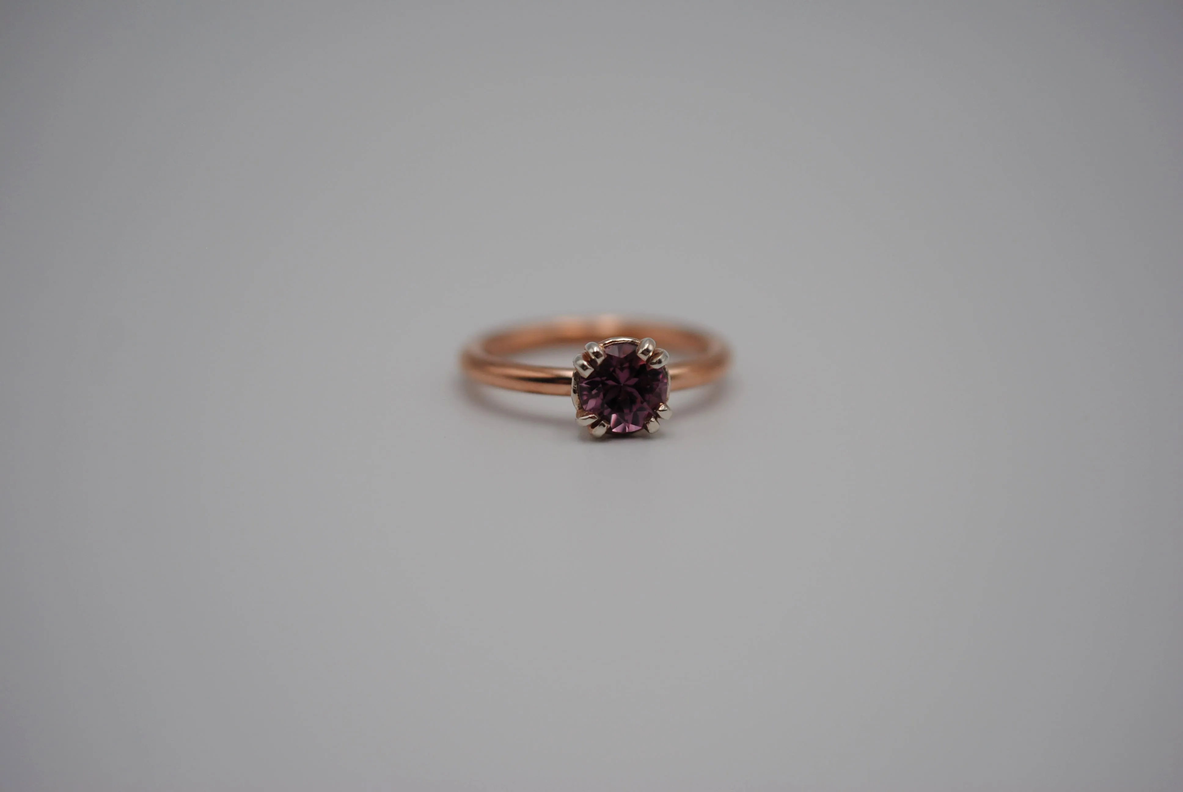 Malaia Garnet: Round Cut, Rose Gold Fill Band, Silver Double Prong Setting