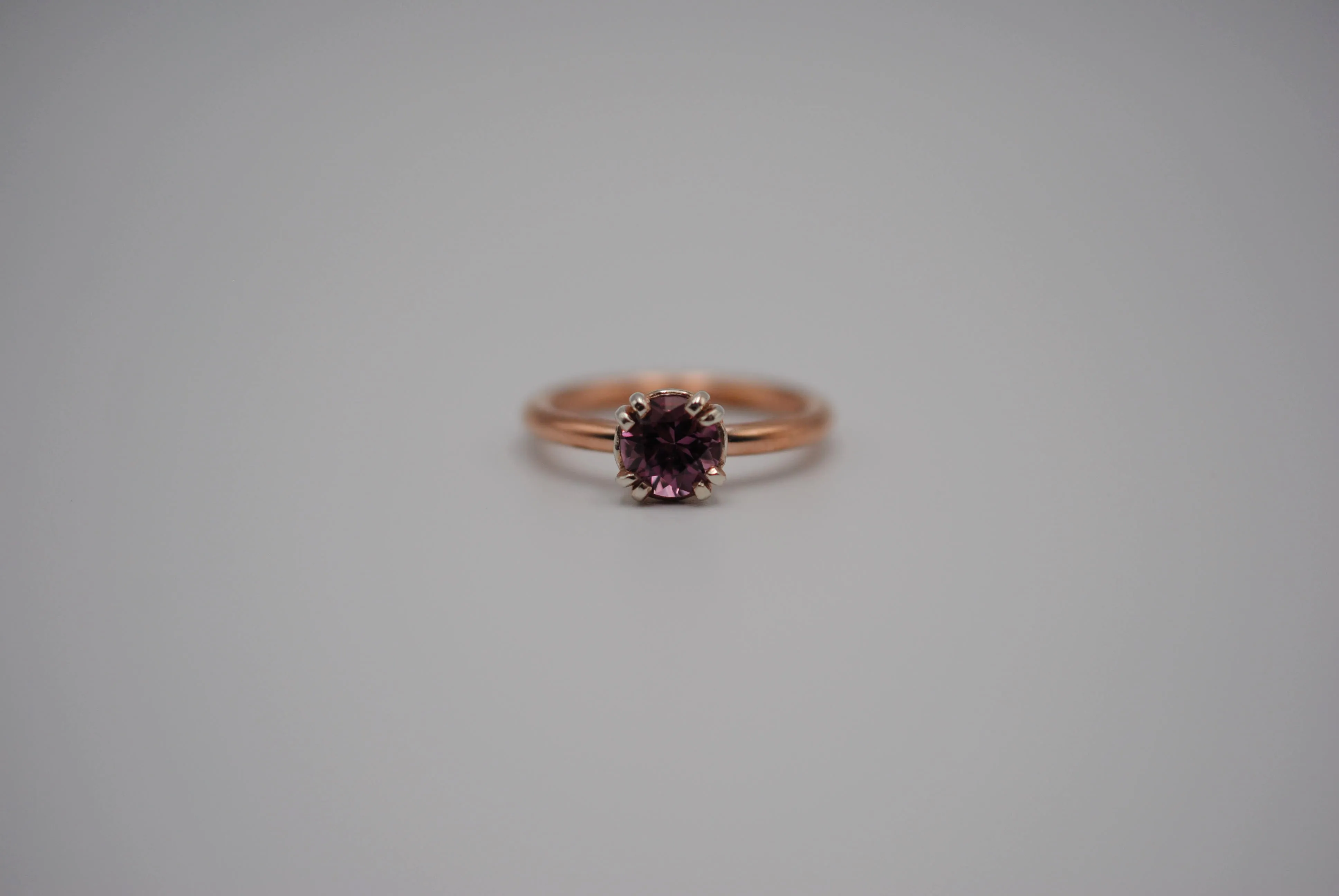 Malaia Garnet: Round Cut, Rose Gold Fill Band, Silver Double Prong Setting