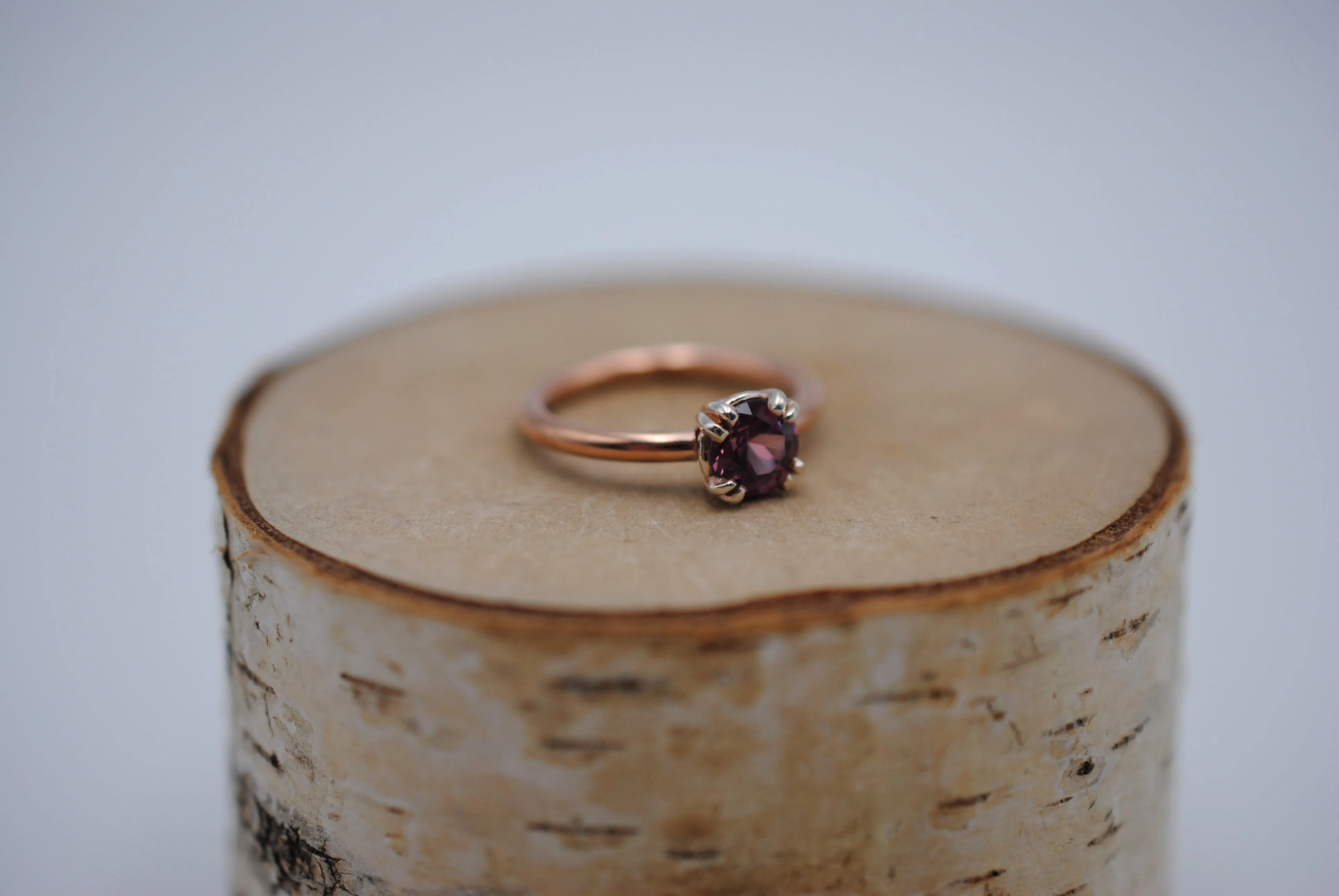 Malaia Garnet: Round Cut, Rose Gold Fill Band, Silver Double Prong Setting