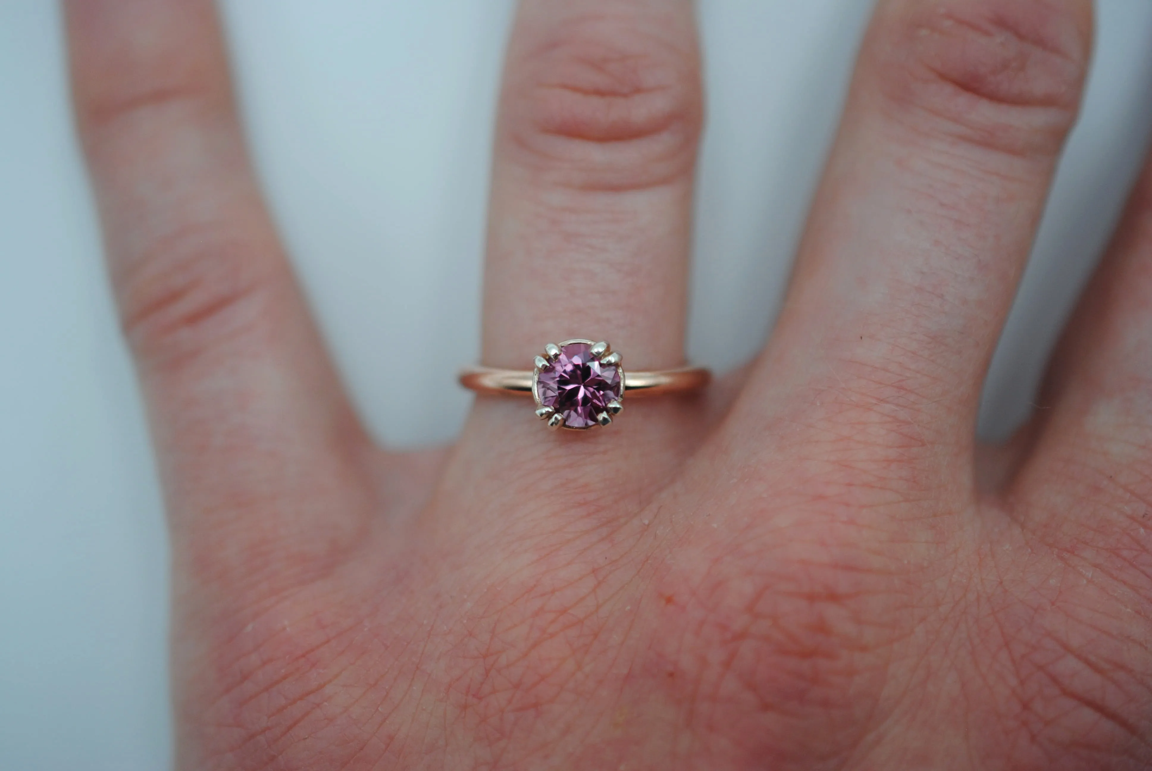 Malaia Garnet: Round Cut, Rose Gold Fill Band, Silver Double Prong Setting