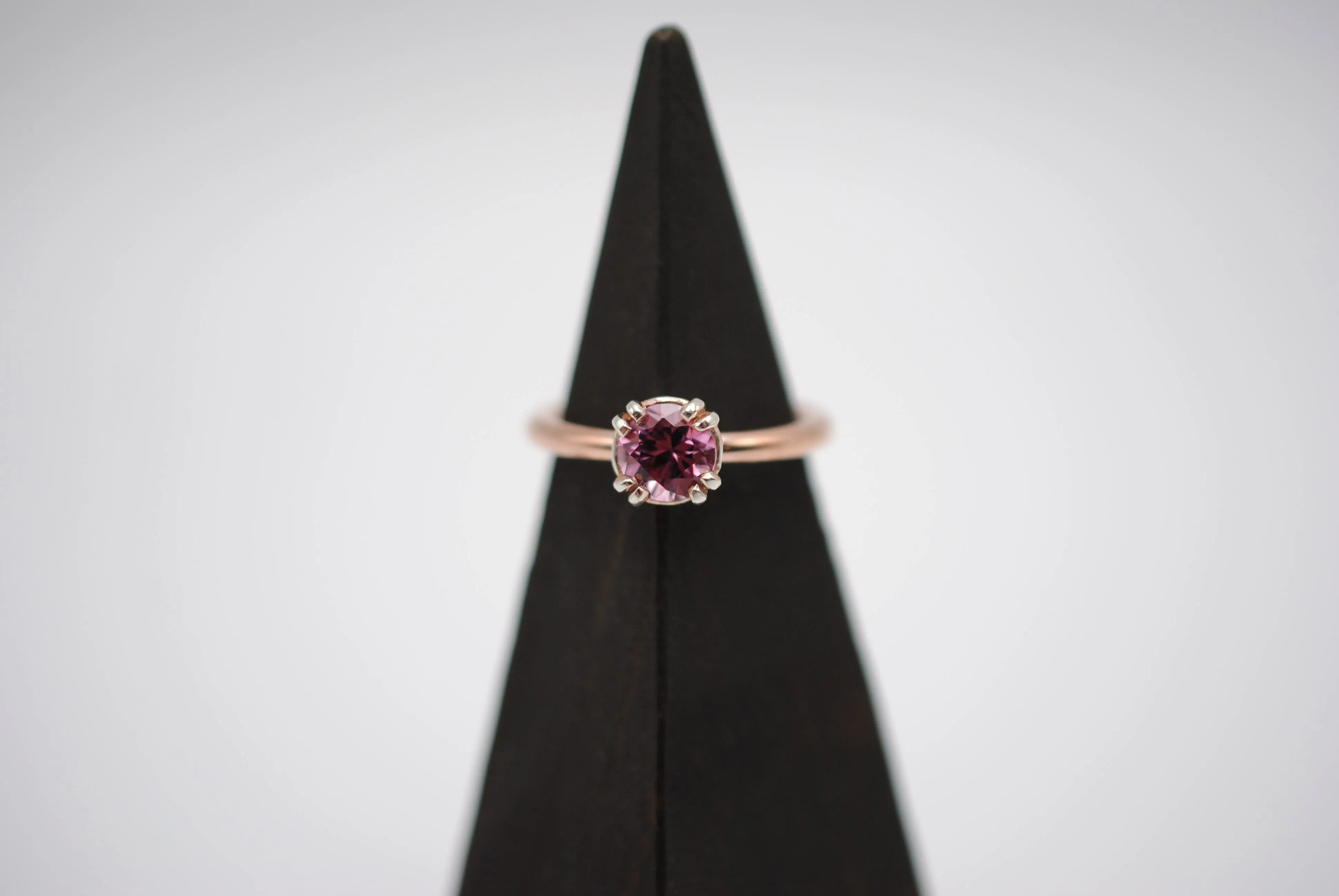 Malaia Garnet: Round Cut, Rose Gold Fill Band, Silver Double Prong Setting