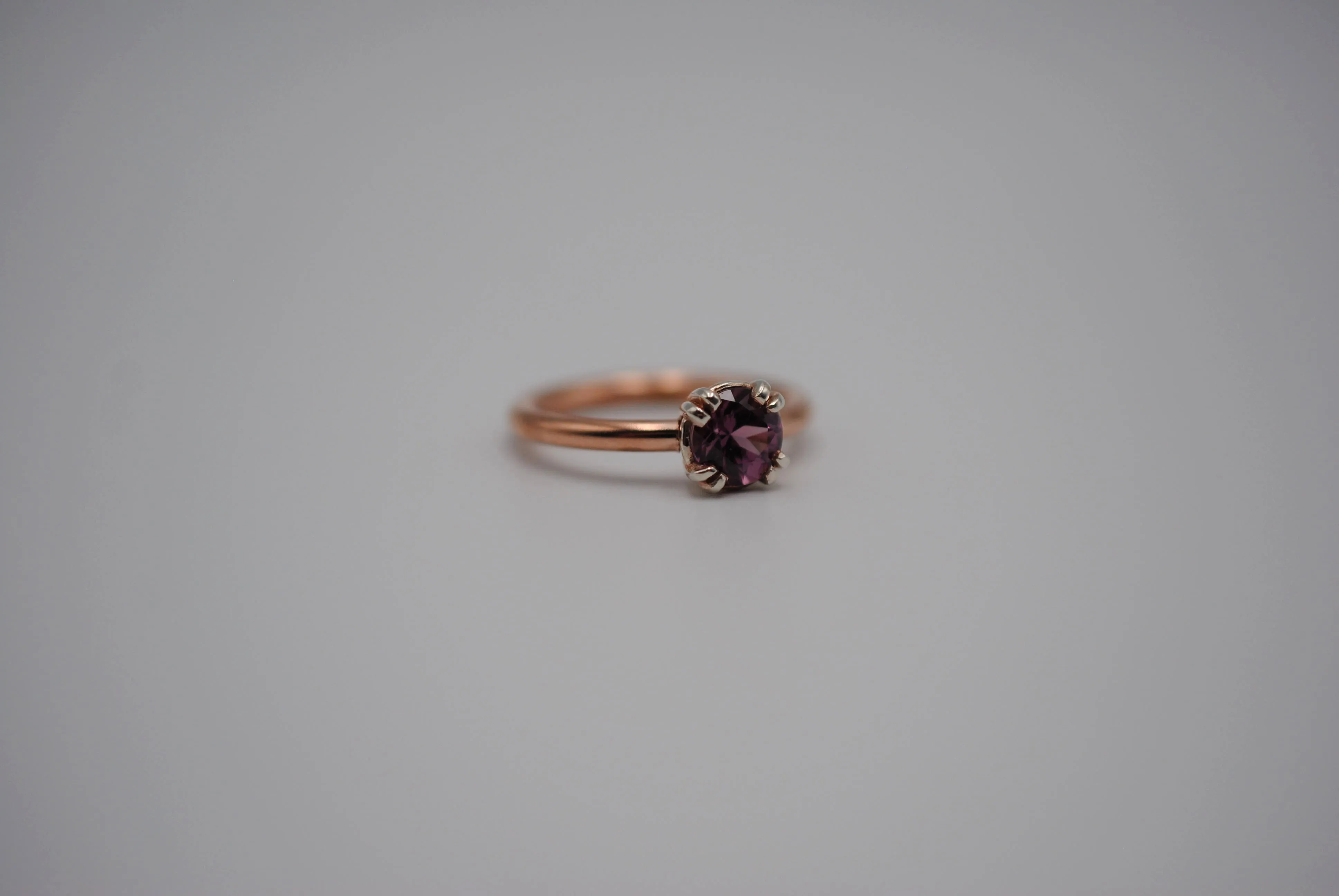 Malaia Garnet: Round Cut, Rose Gold Fill Band, Silver Double Prong Setting