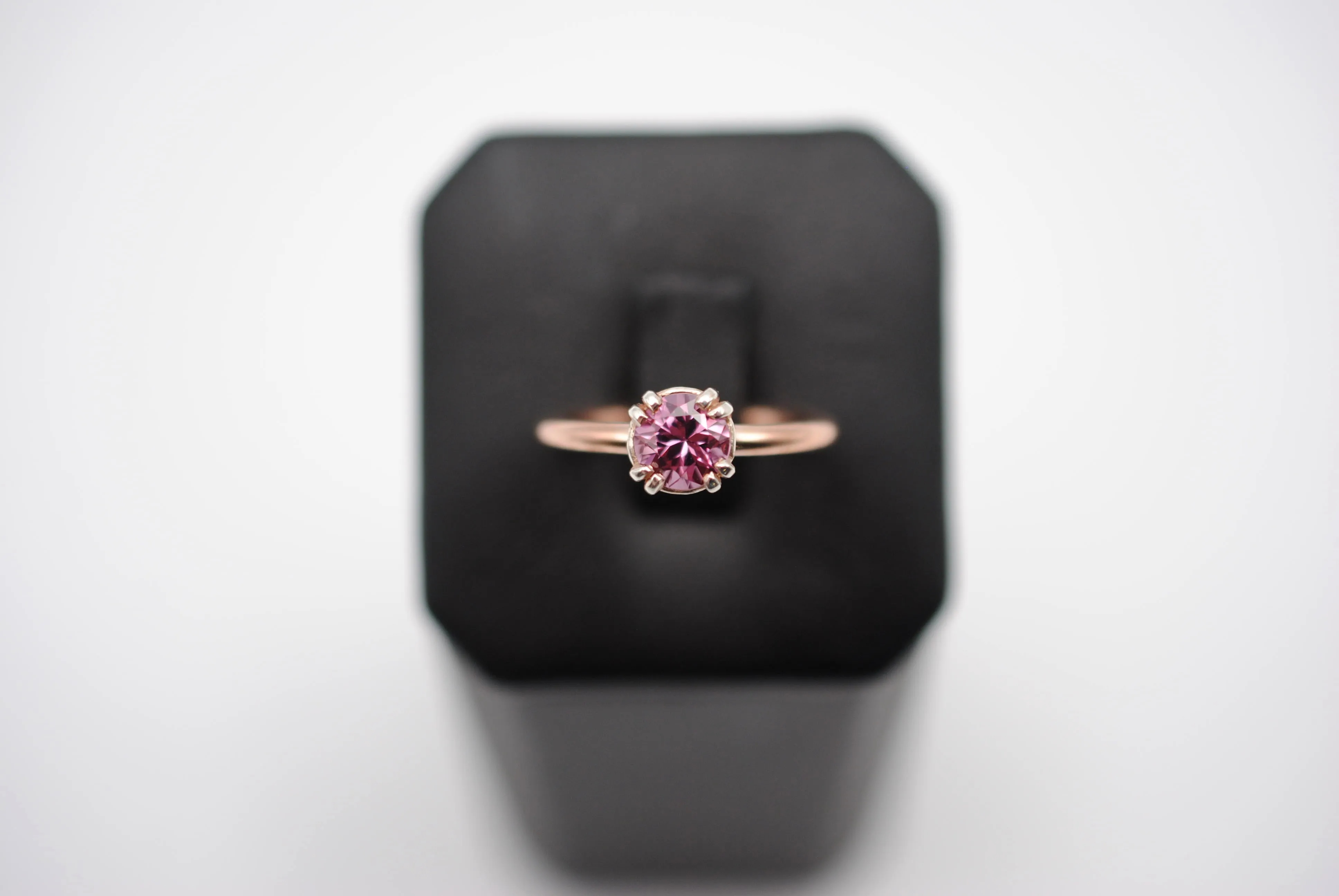 Malaia Garnet: Round Cut, Rose Gold Fill Band, Silver Double Prong Setting