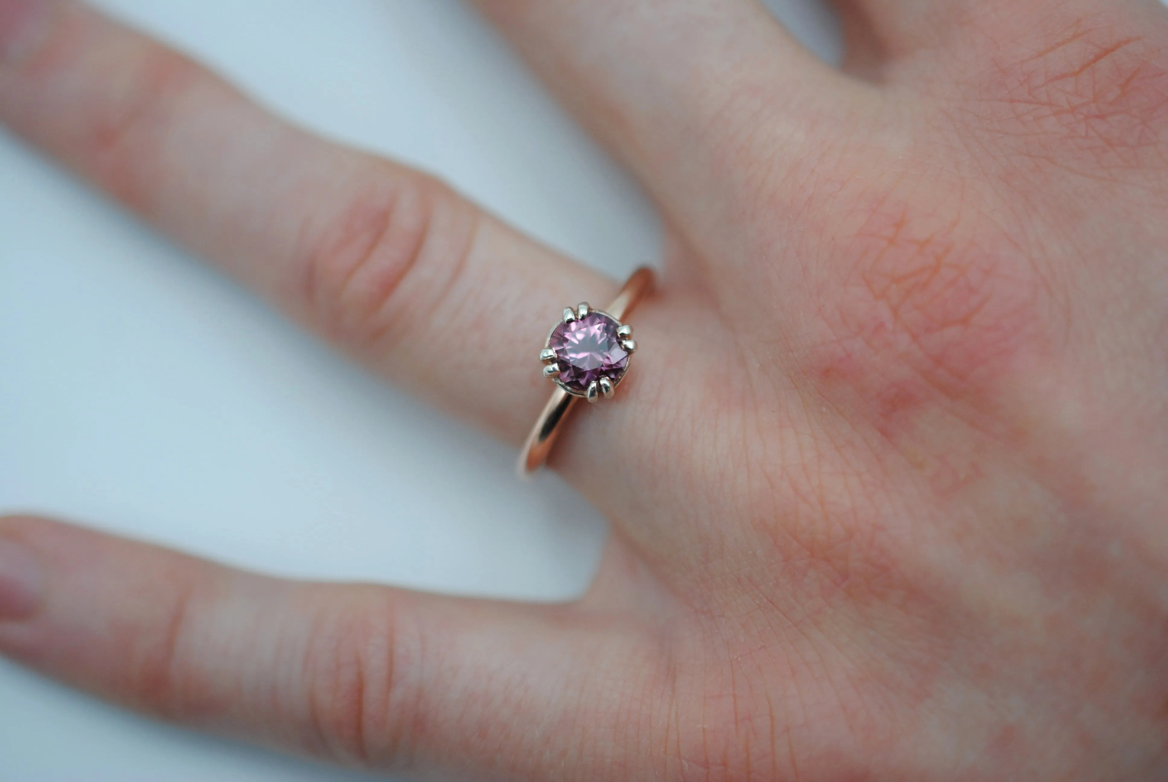 Malaia Garnet: Round Cut, Rose Gold Fill Band, Silver Double Prong Setting